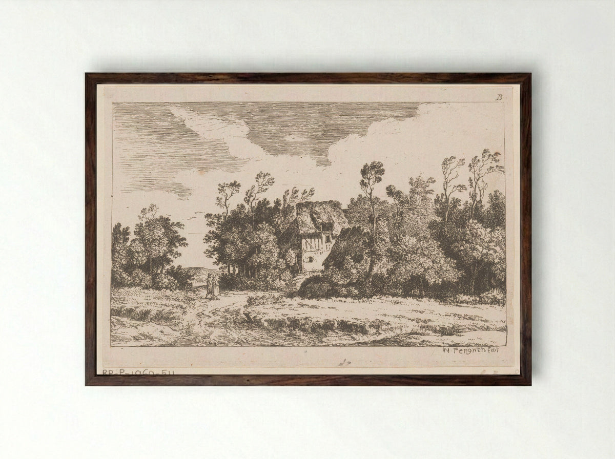 Twee wandelaars bij boerderij - Alexis Nicolas Pérignon - Framed Print Dark Wood