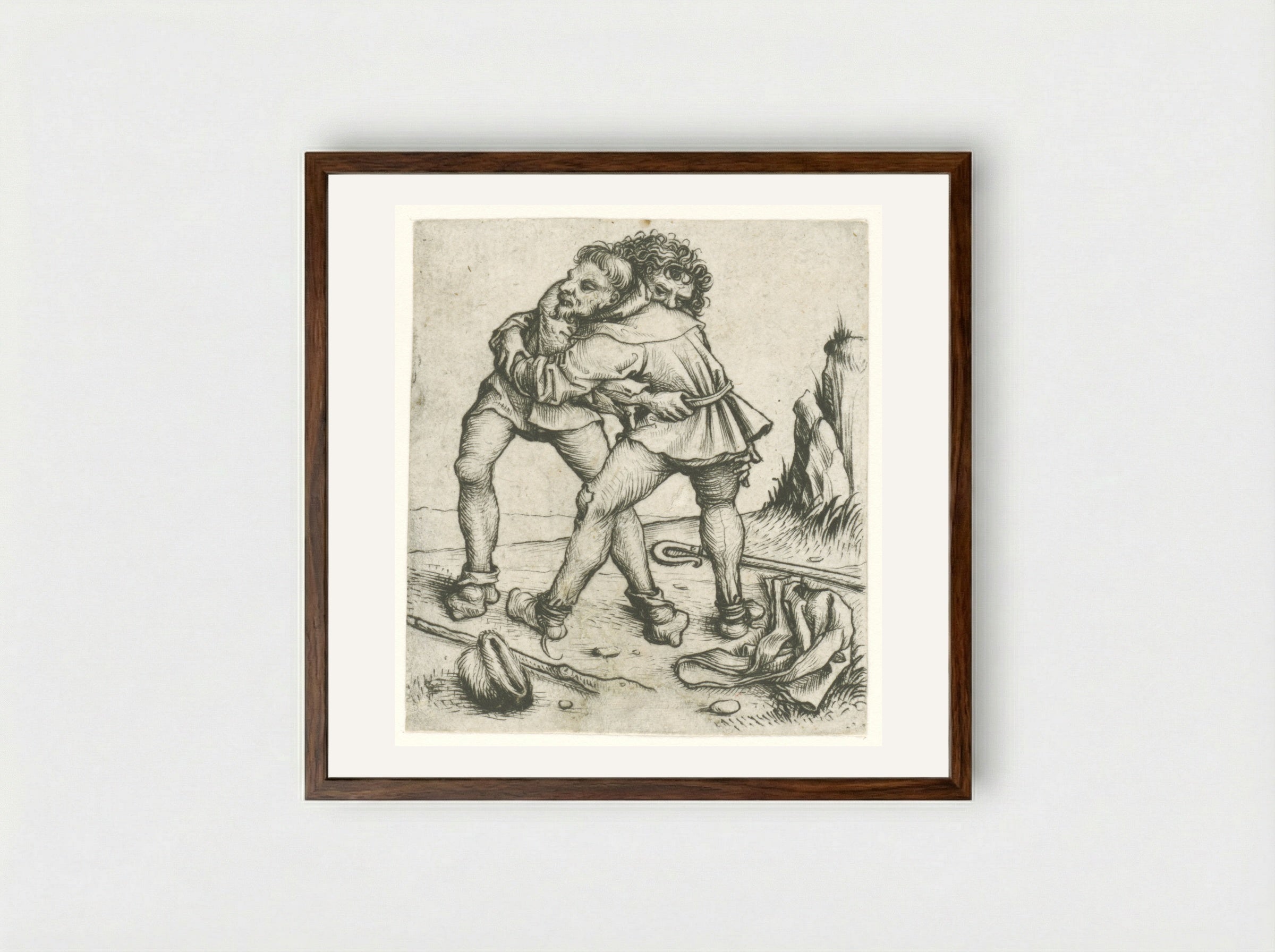 Twee worstelende boeren - Meester van het Amsterdamse Kabinet - Framed Print Dark Wood