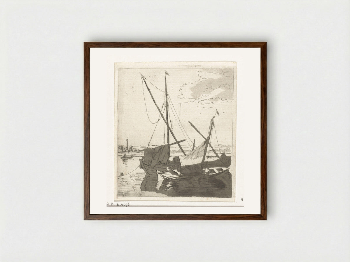 Twee zeilboten in een rivier - Anthonie van den Bos - Framed Print Dark Wood