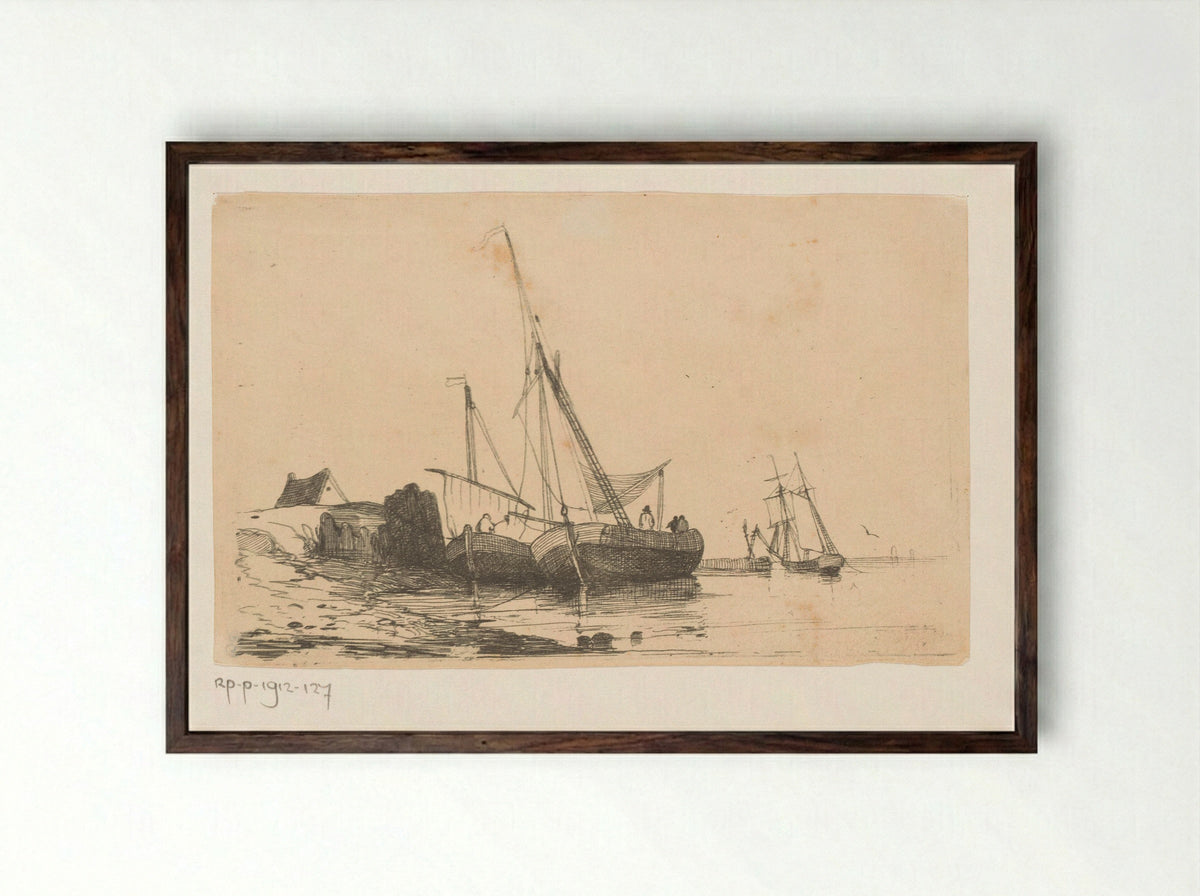Twee zeilschepen aan de kust - Egidius Linnig - Framed Print Dark Wood