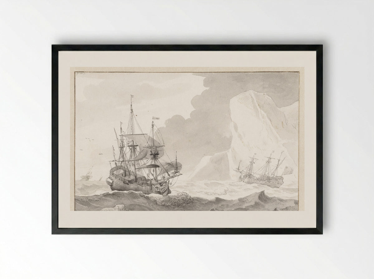 Twee zeilschepen bij een krijtrots - Wigerus Vitringa - Framed Print Black