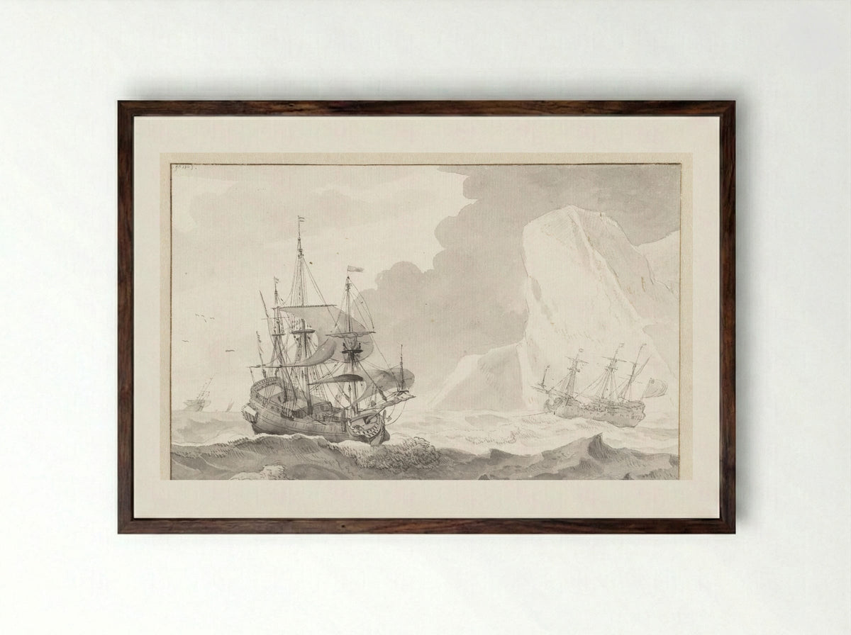 Twee zeilschepen bij een krijtrots - Wigerus Vitringa - Framed Print Dark Wood