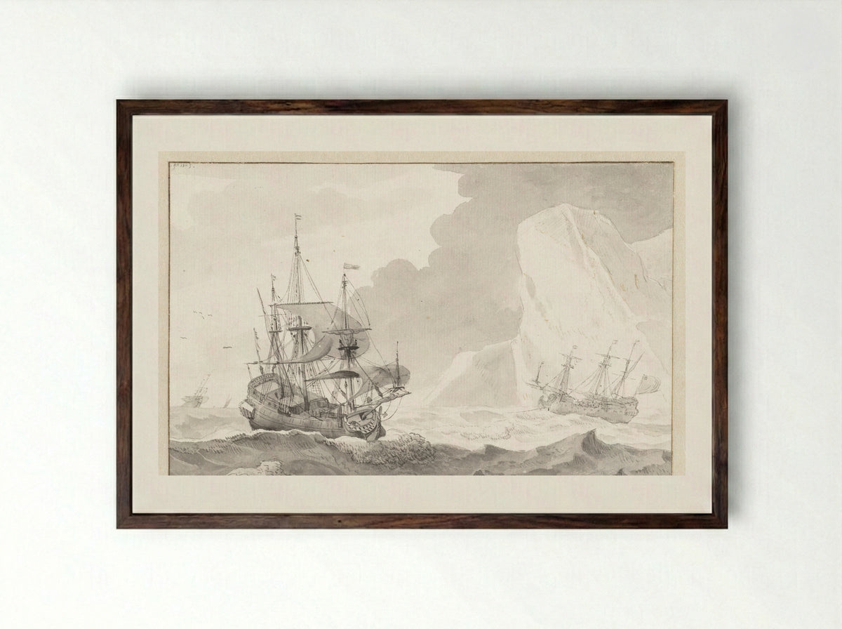 Twee zeilschepen bij een krijtrots - Wigerus Vitringa - Framed Print Dark Wood