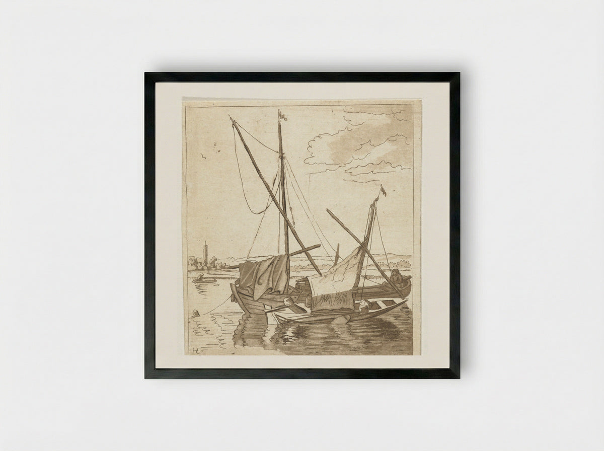 Twee zeilschepen in een rivier - Anthonie van den Bos - Framed Print Black