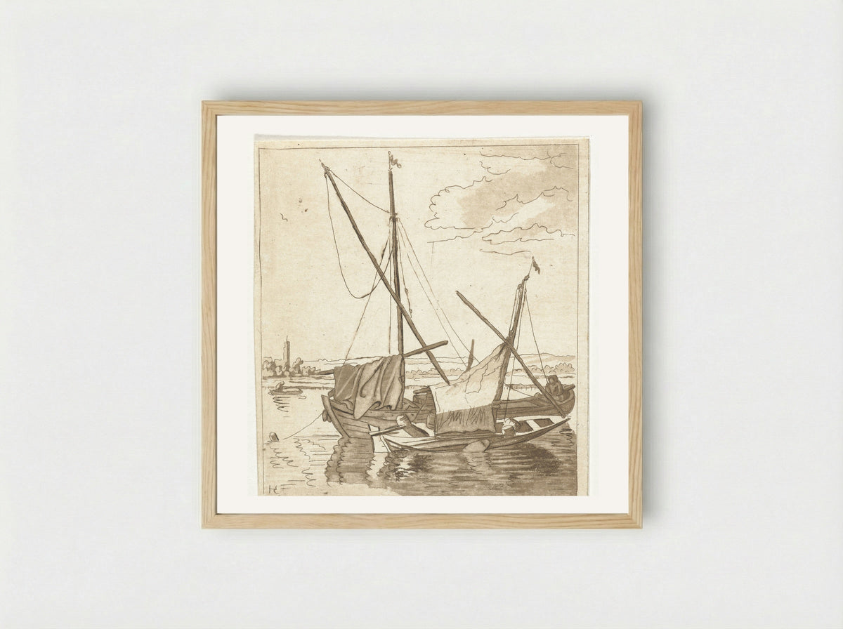Twee zeilschepen in een rivier - Anthonie van den Bos - Framed Print Wood