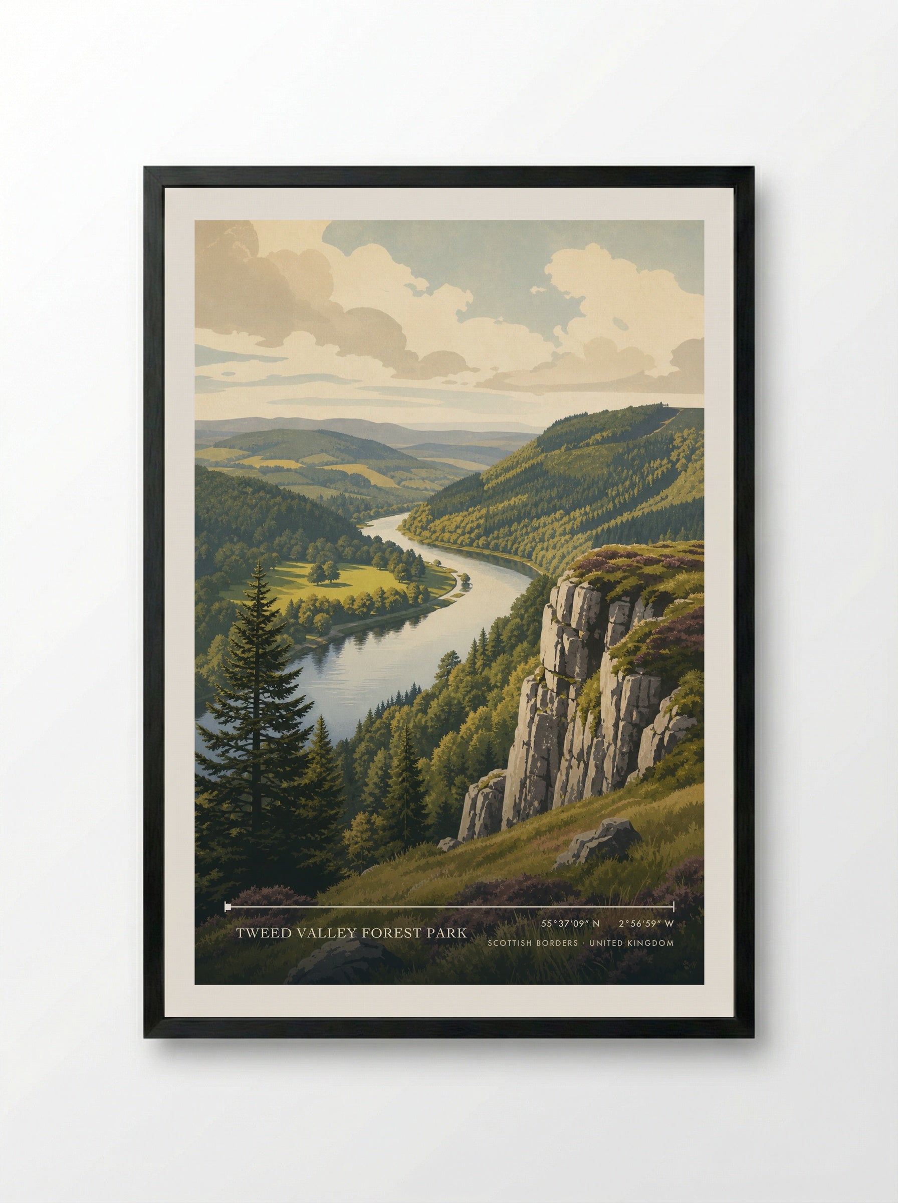 Tweed Valley Forest Park Scottish Borders United Kingdom Travel Poster - Framed Print Black