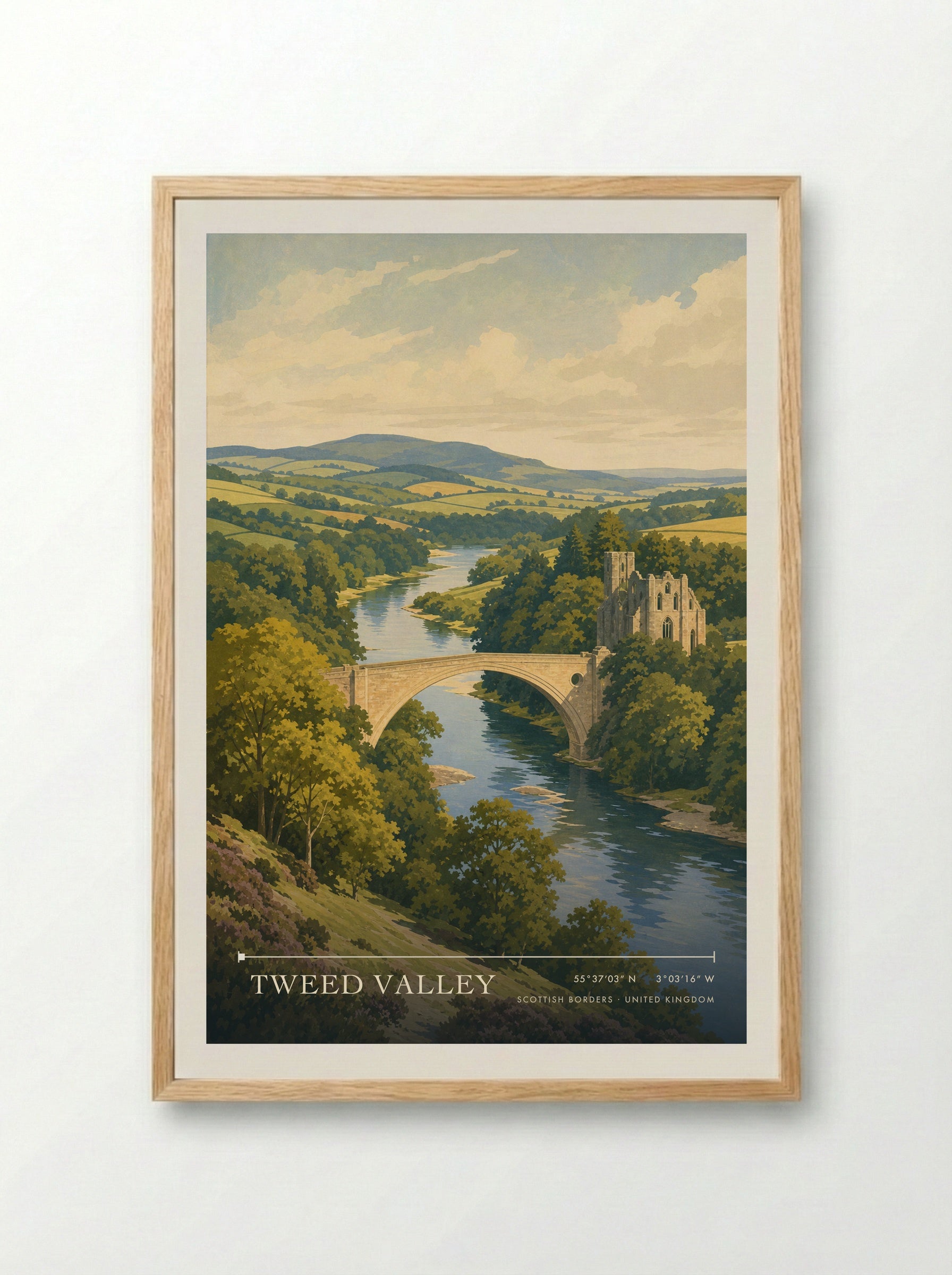 Tweed Valley Scottish Borders United Kingdom Travel Poster - Framed Print Wood