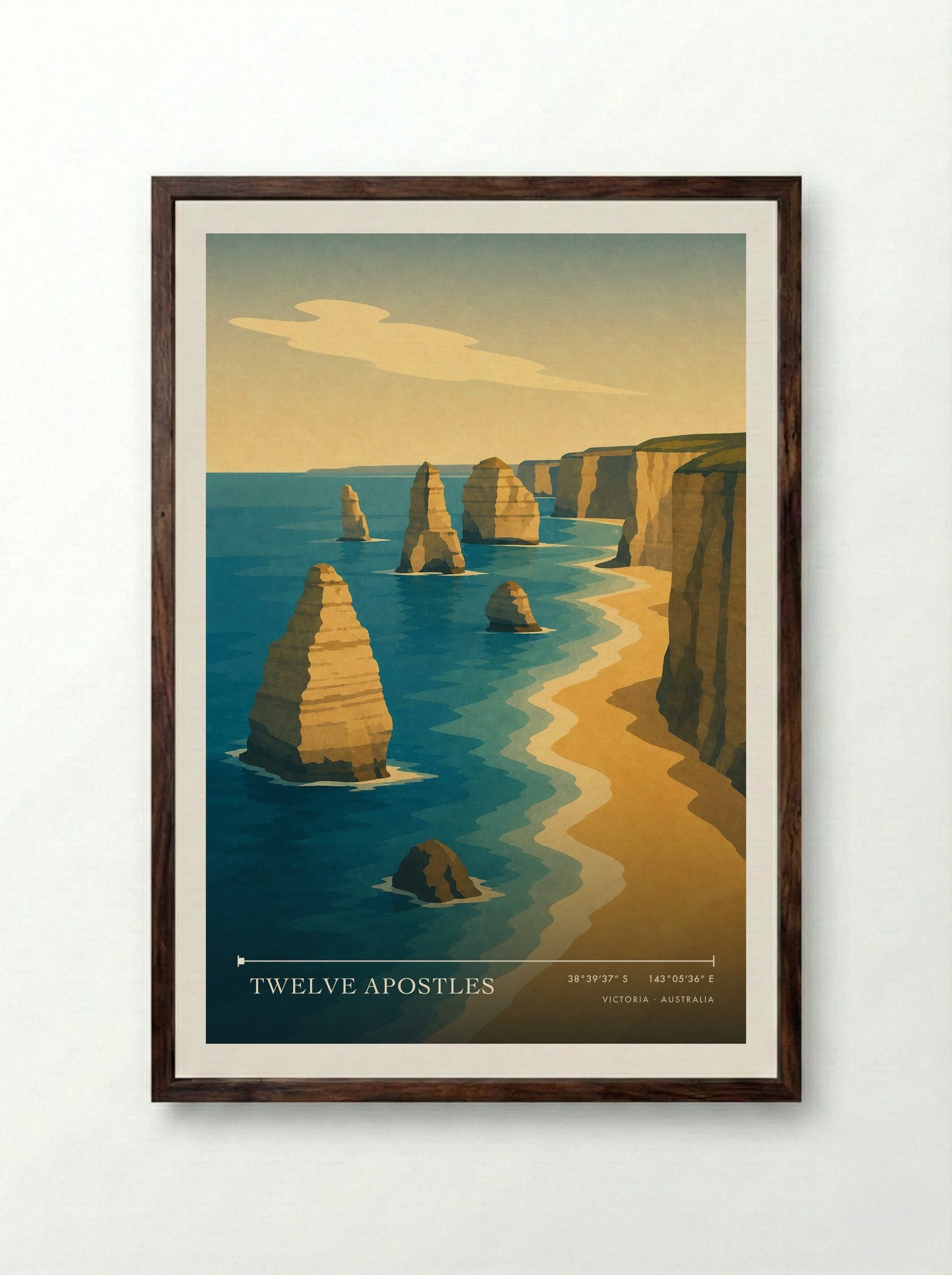 Twelve Apostles Travel Poster Artwork - Framed Print Dark Wood