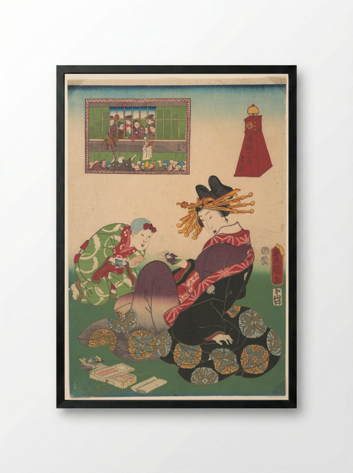 Twelve Hours of Spring Pleasures: Hour of the Goat - Utagawa Kunisada - Framed Print Black