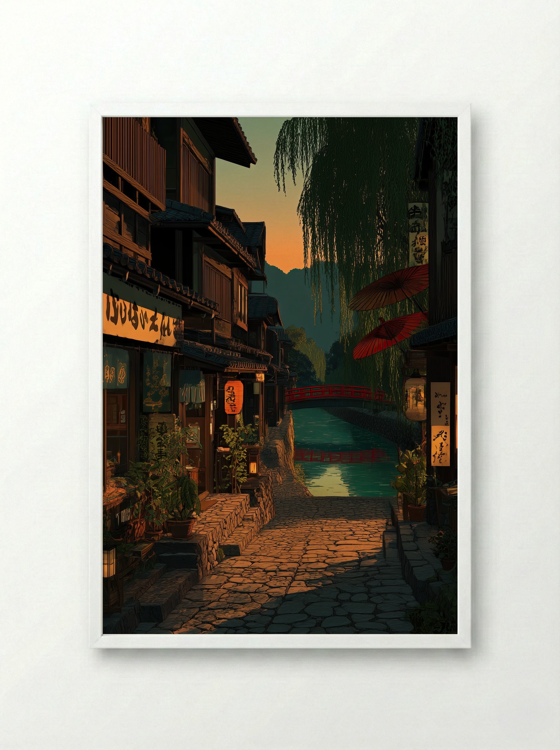 Twilight on the Kamo River: A Kyoto Evening - Framed Print White