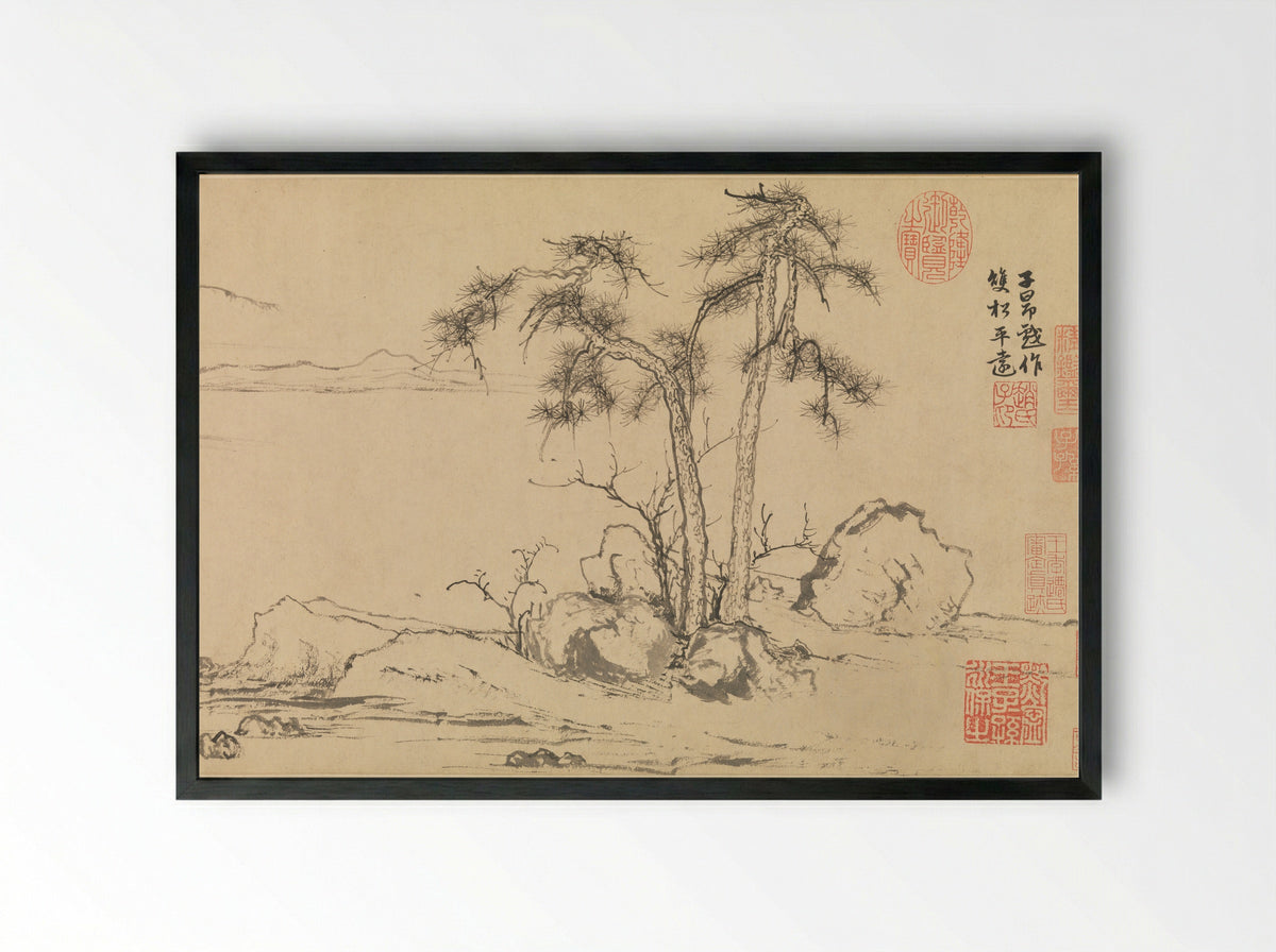 Twin Pines, Level Distance - Zhao Mengfu - Framed Print Black