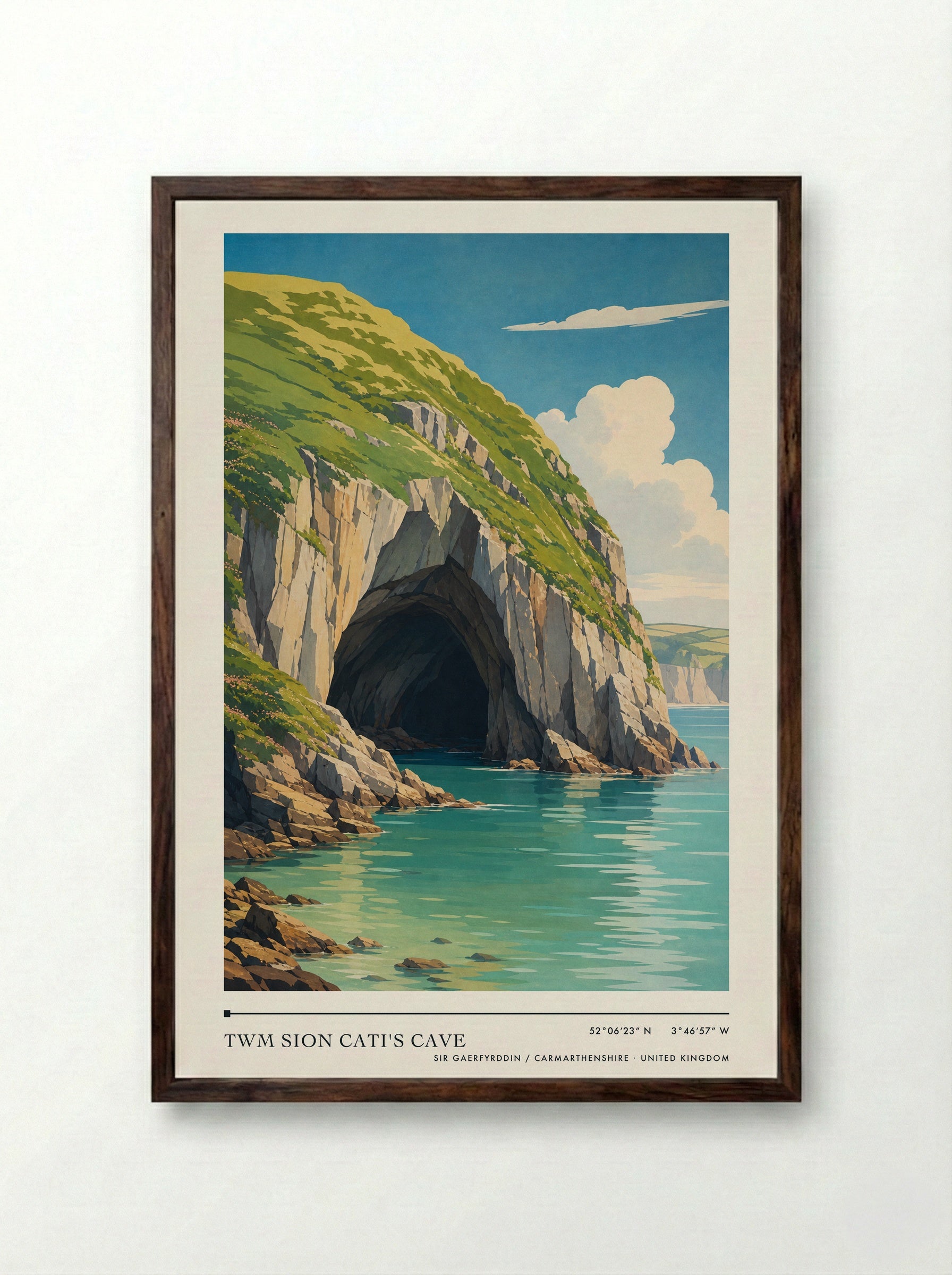 Twm Sion Cati's Cave Sir Gaerfyrddin / Carmarthenshire United Kingdom Travel Poster - Framed Print Dark Wood