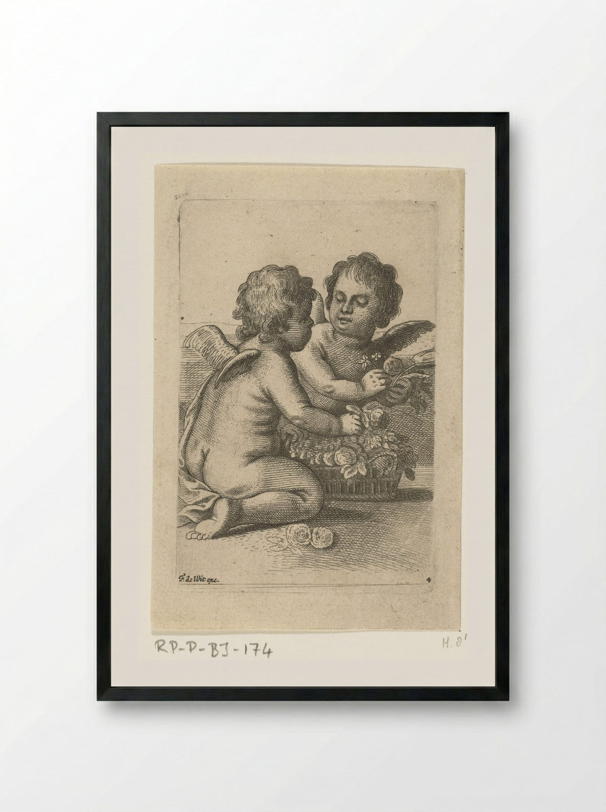 Two Angels with a Basket of Flowers - Pieter van Avont - Framed Print Black