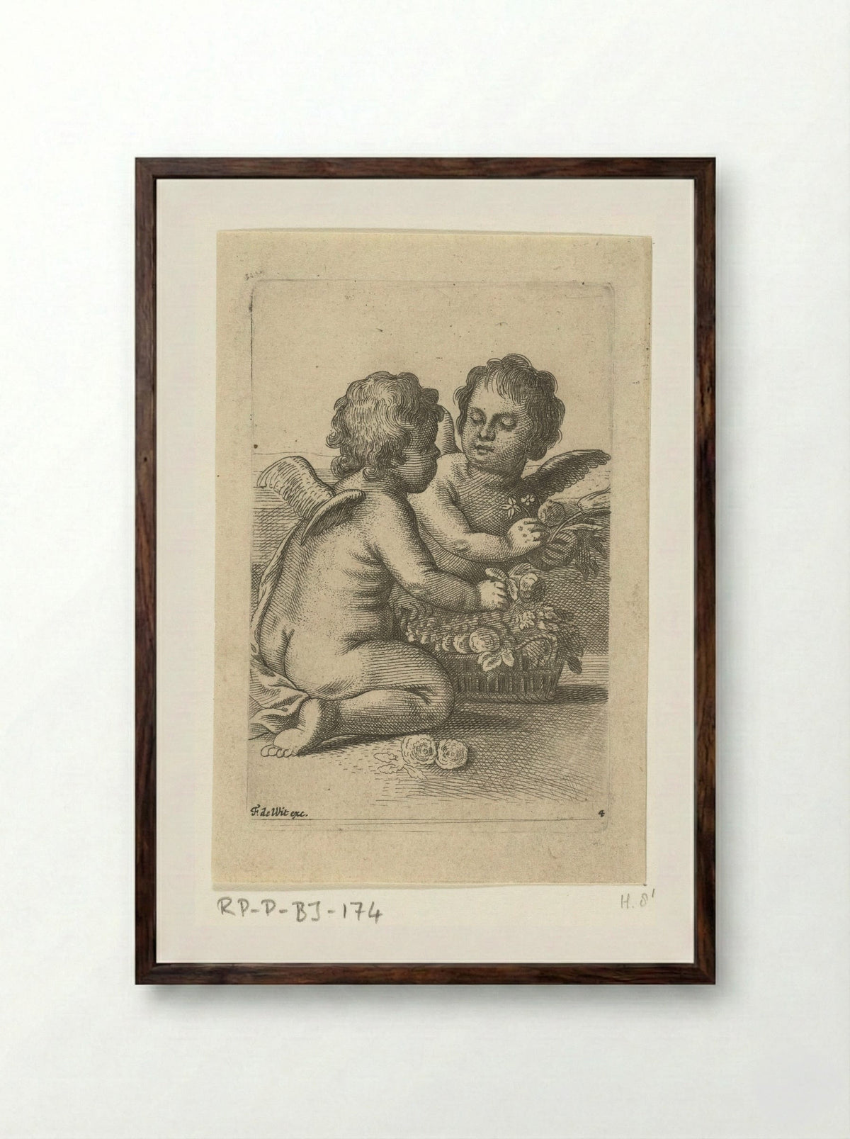 Two Angels with a Basket of Flowers - Pieter van Avont - Framed Print Dark Wood