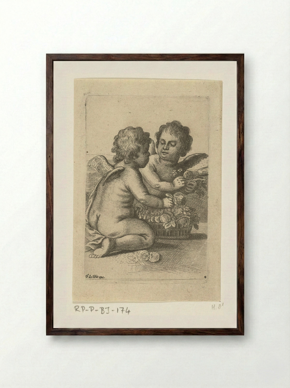Two Angels with a Basket of Flowers - Pieter van Avont - Framed Print Dark Wood