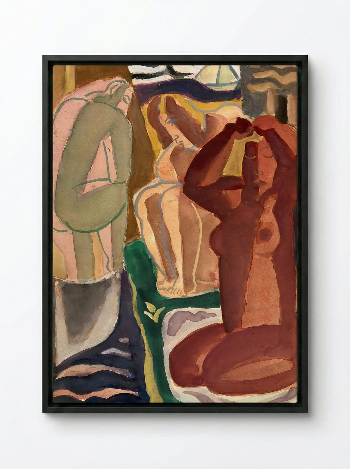 Two Bathing Women and a Bridge Figure - Leo Gestel - Framed Canvas Black