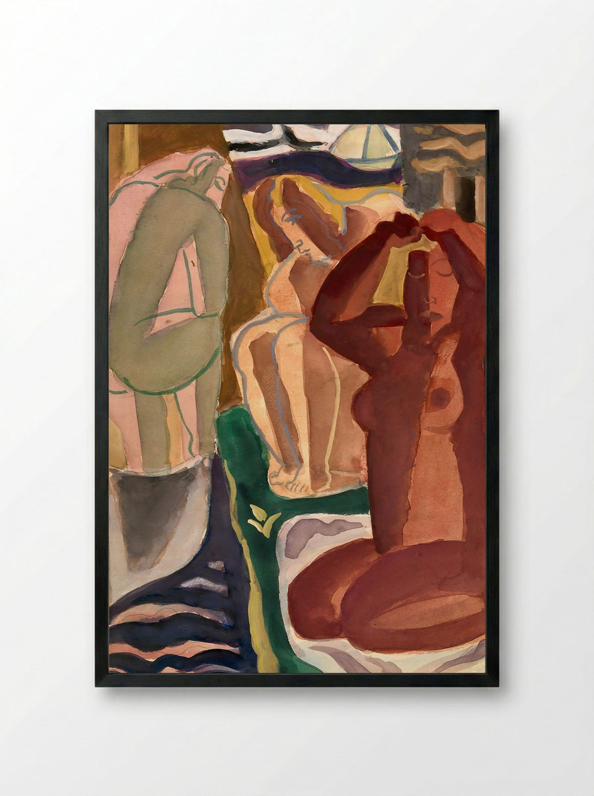 Two Bathing Women and a Bridge Figure - Leo Gestel - Framed Print Black
