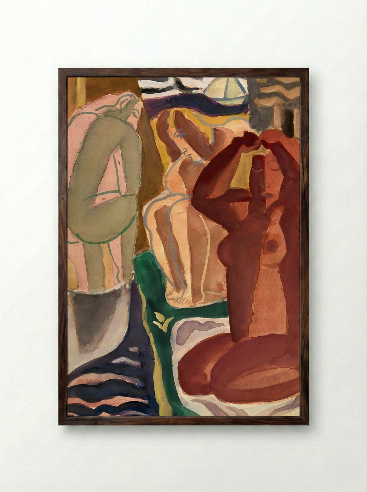 Two Bathing Women and a Bridge Figure - Leo Gestel - Framed Print Dark Wood