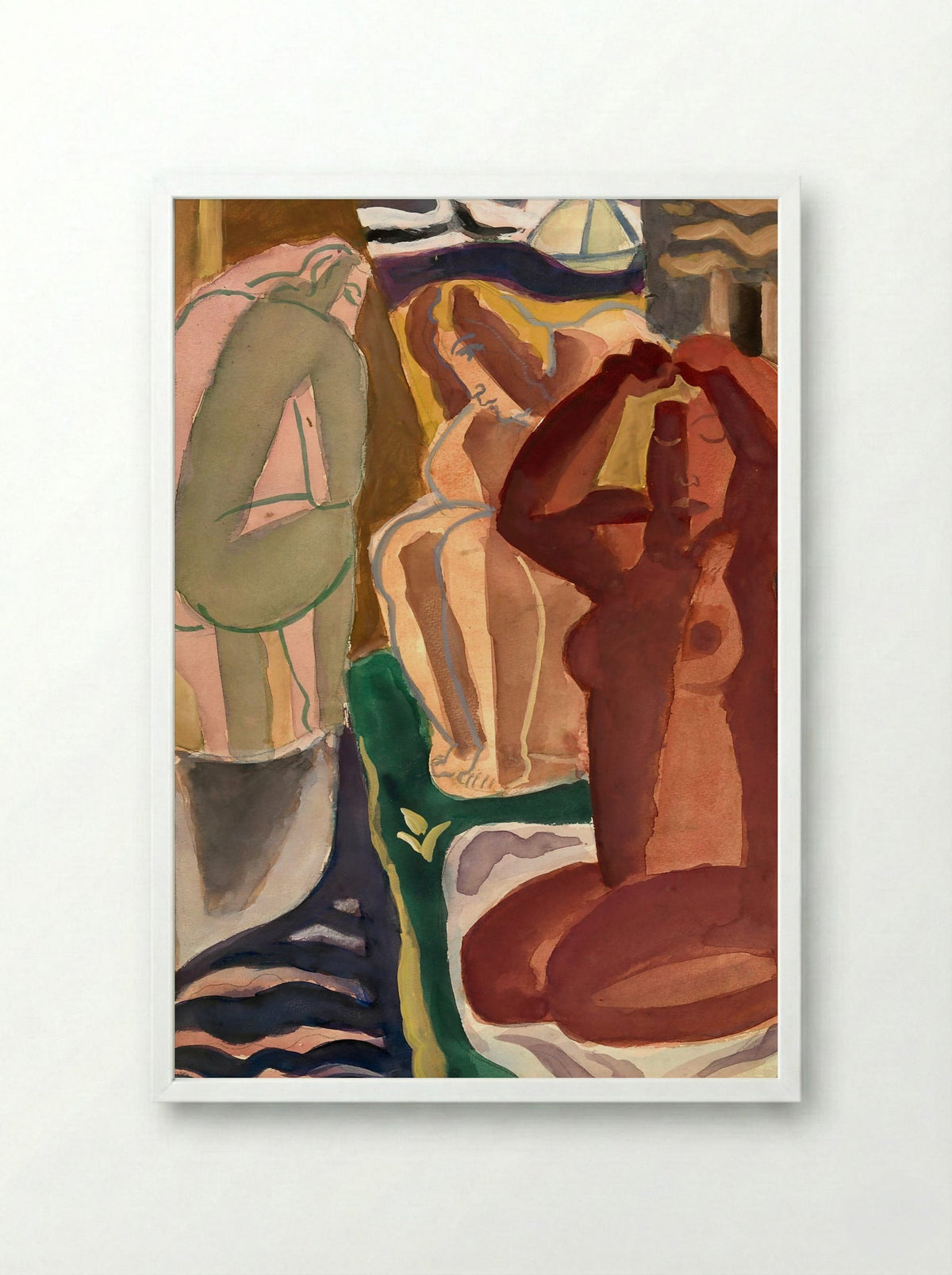 Two Bathing Women and a Bridge Figure - Leo Gestel - Framed Print White