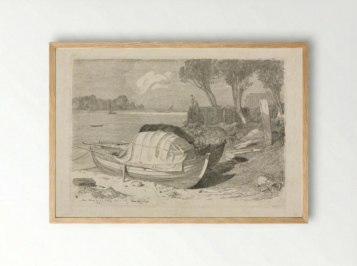 Two Beached Fishing Boats - Cornelius Varley - Framed Print Wood