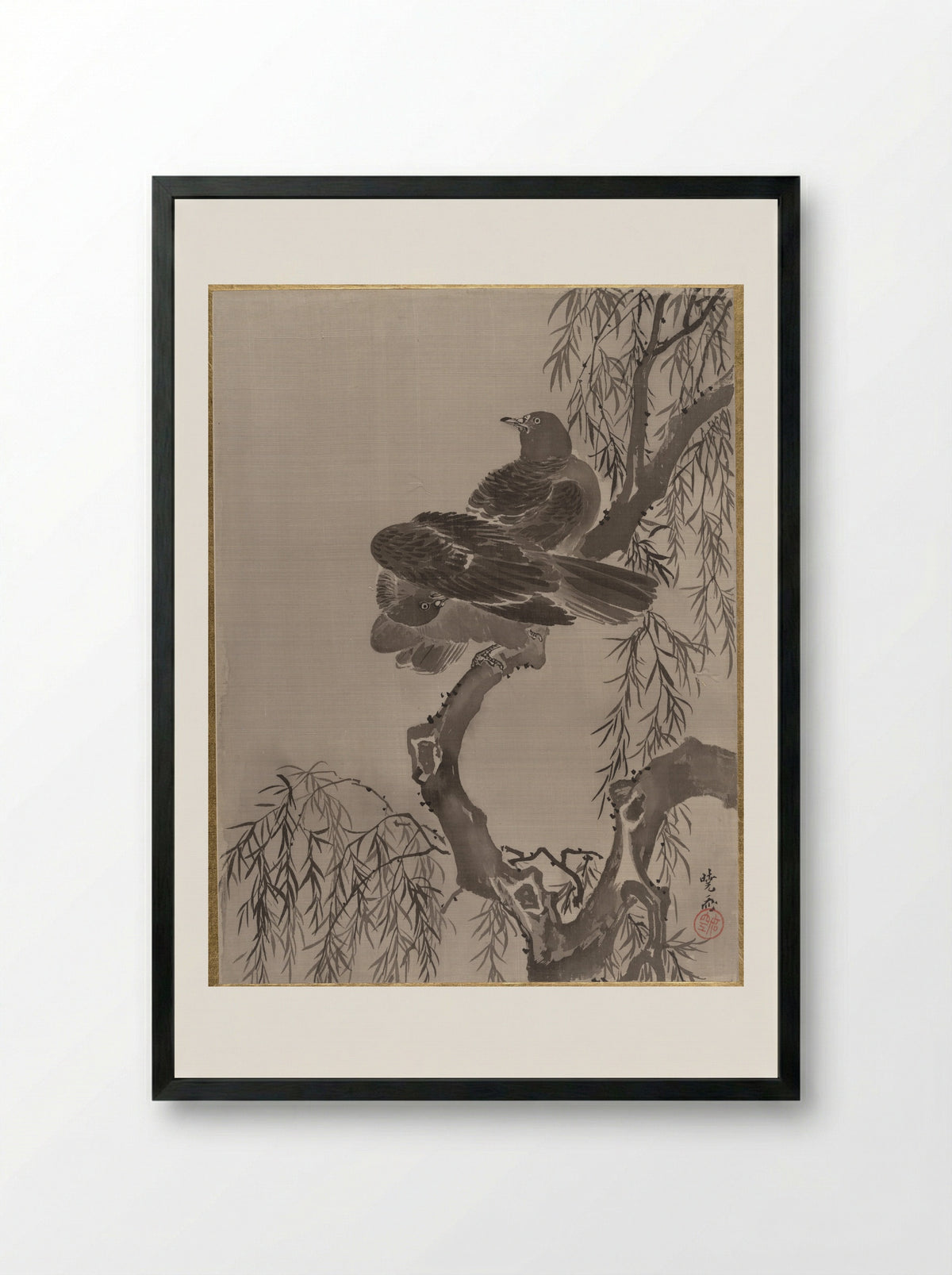 Two Birds on a Branch - Kawanabe Kyōsai - Framed Print Black
