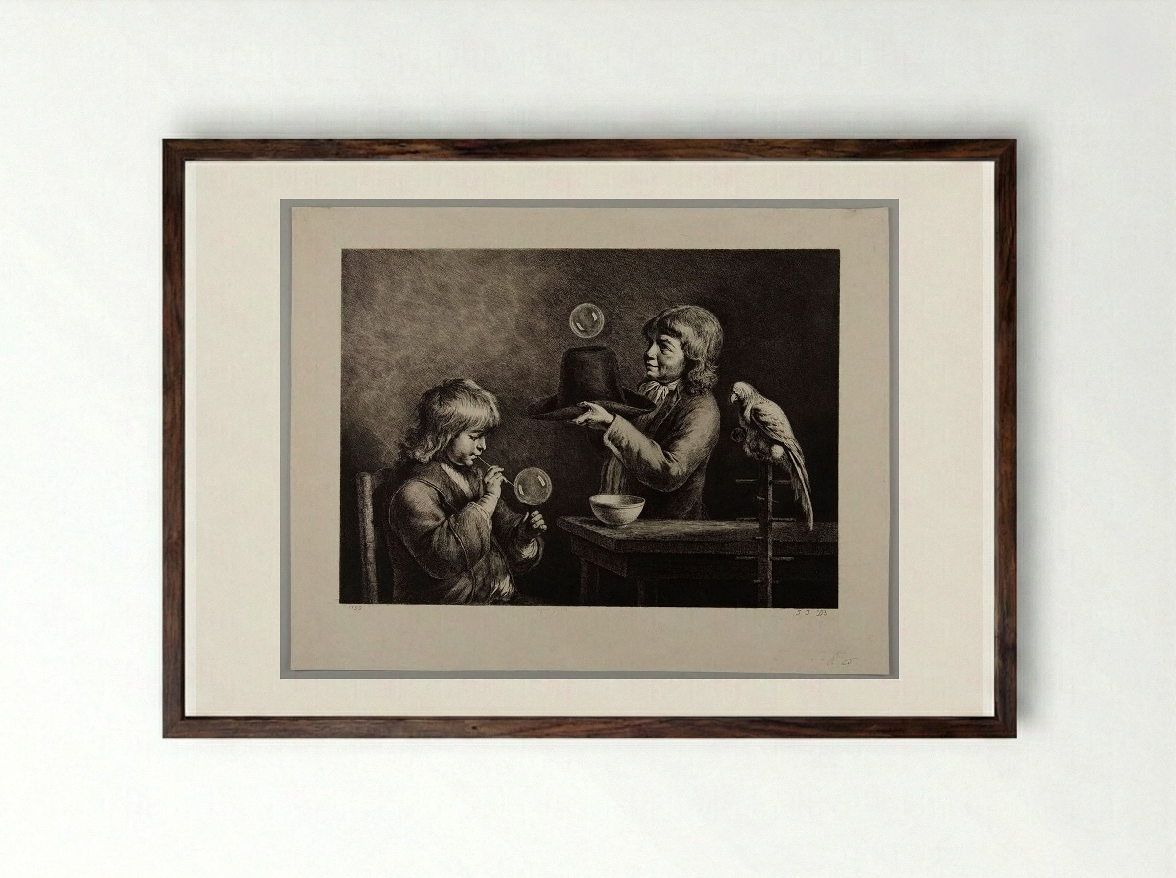 Two Boys Blowing Soap-Bubbles - Jean-Jacques de Boissieu - Framed Print Dark Wood