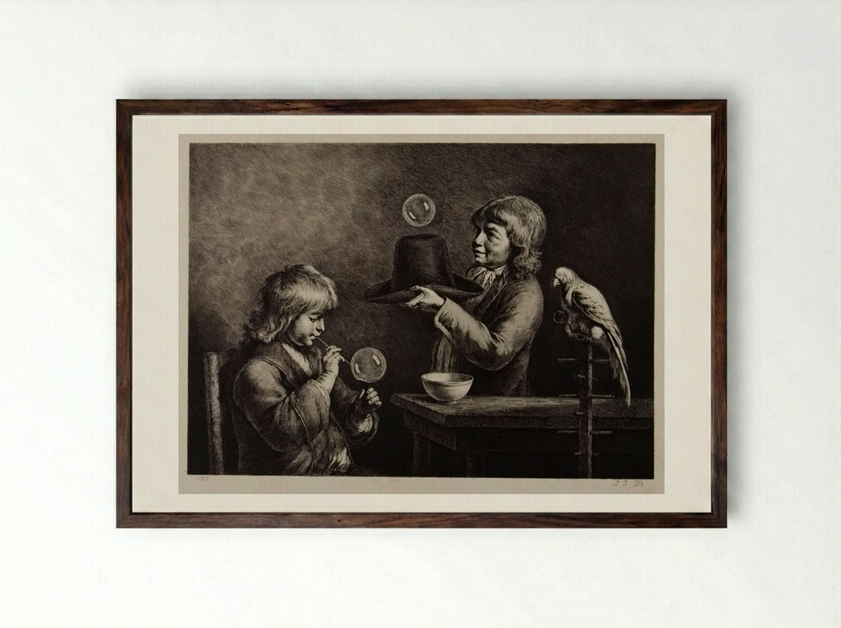 Two Boys Blowing Soap-Bubbles - Jean-Jacques de Boissieu - Framed Print Dark Wood