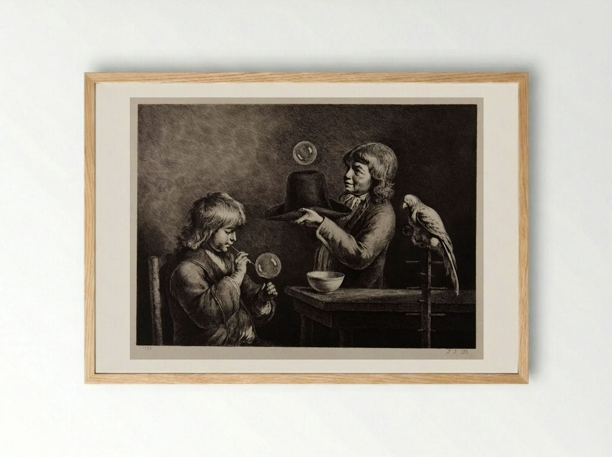 Two Boys Blowing Soap-Bubbles - Jean-Jacques de Boissieu - Framed Print Wood