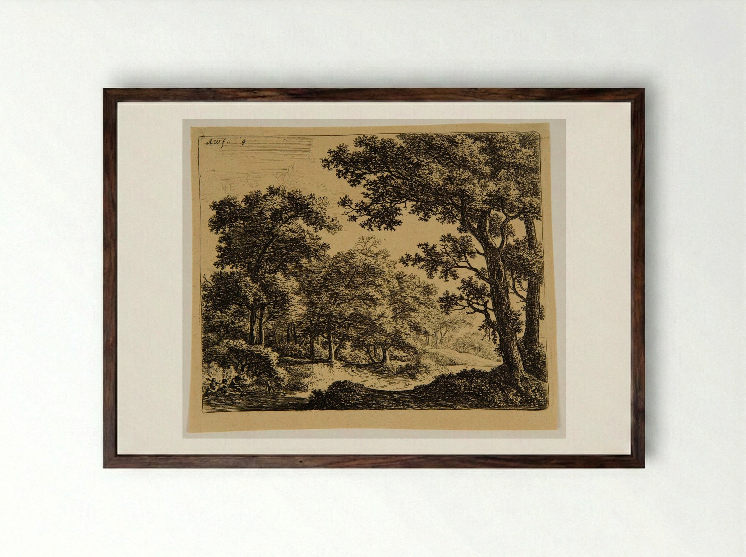 Two Boys and their Dog at the Border of the Water - Anthonie Waterloo - Framed Print Dark Wood