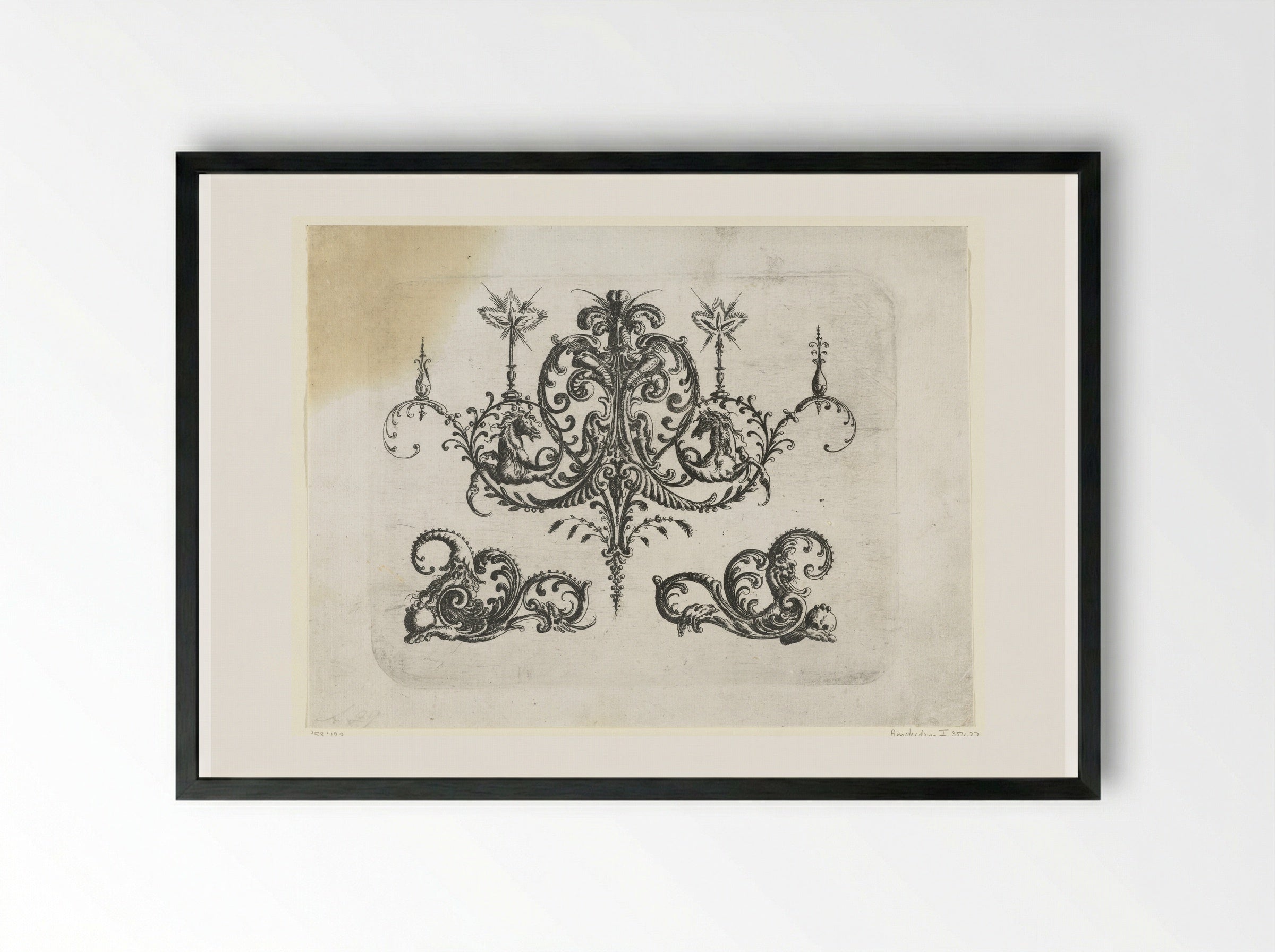 Two Burning Candles on Foliate Scrolls - Christoph Jamnitzer - Framed Print Black