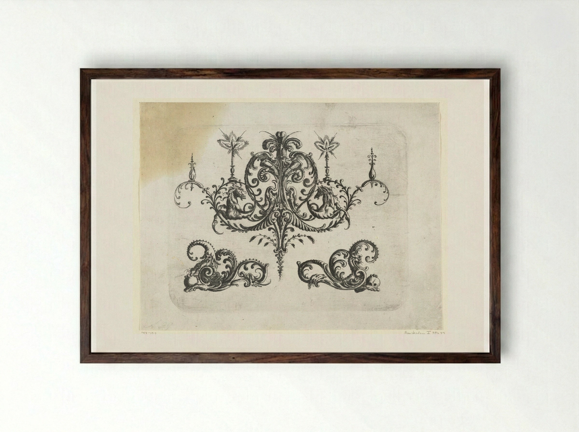 Two Burning Candles on Foliate Scrolls - Christoph Jamnitzer - Framed Print Dark Wood