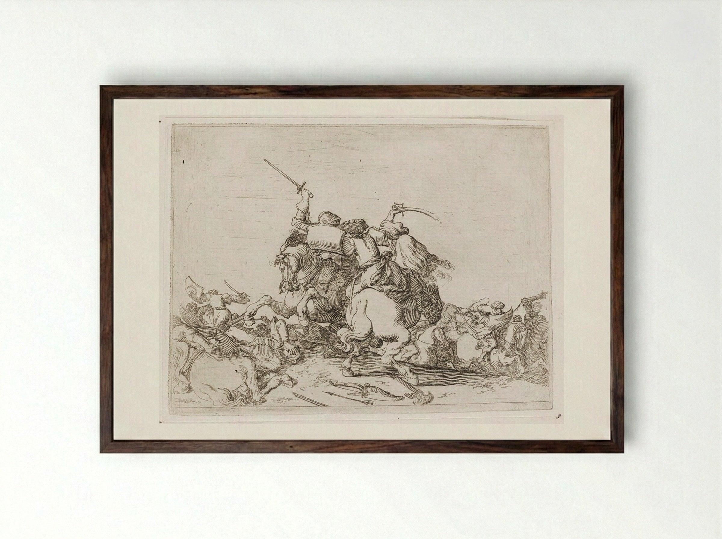 Two Cavalrymen Battling Each Other with Sword and Saber - Johann Wilhelm Baur - Framed Print Dark Wood
