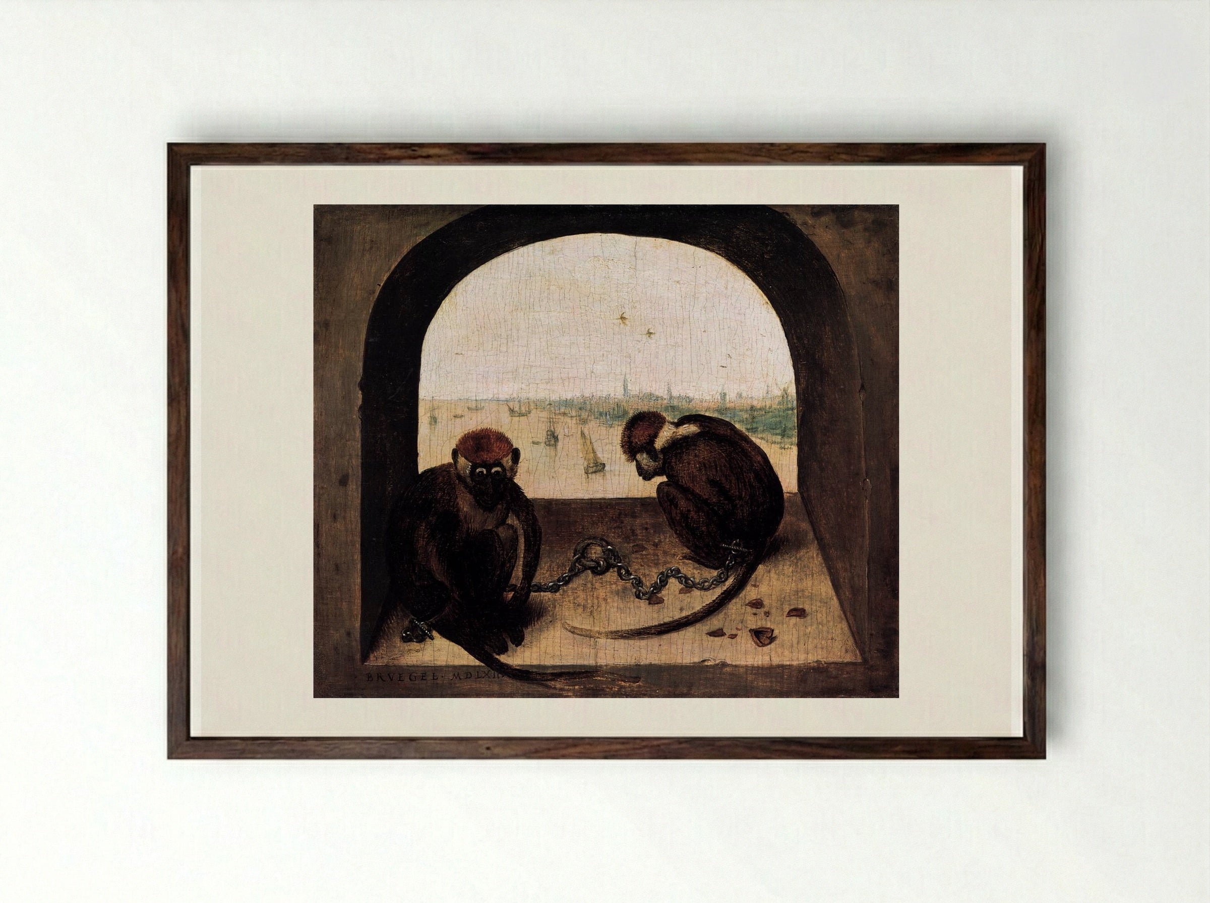 Two Chained Monkeys - Pieter Bruegel the Elder - Framed Print Dark Wood