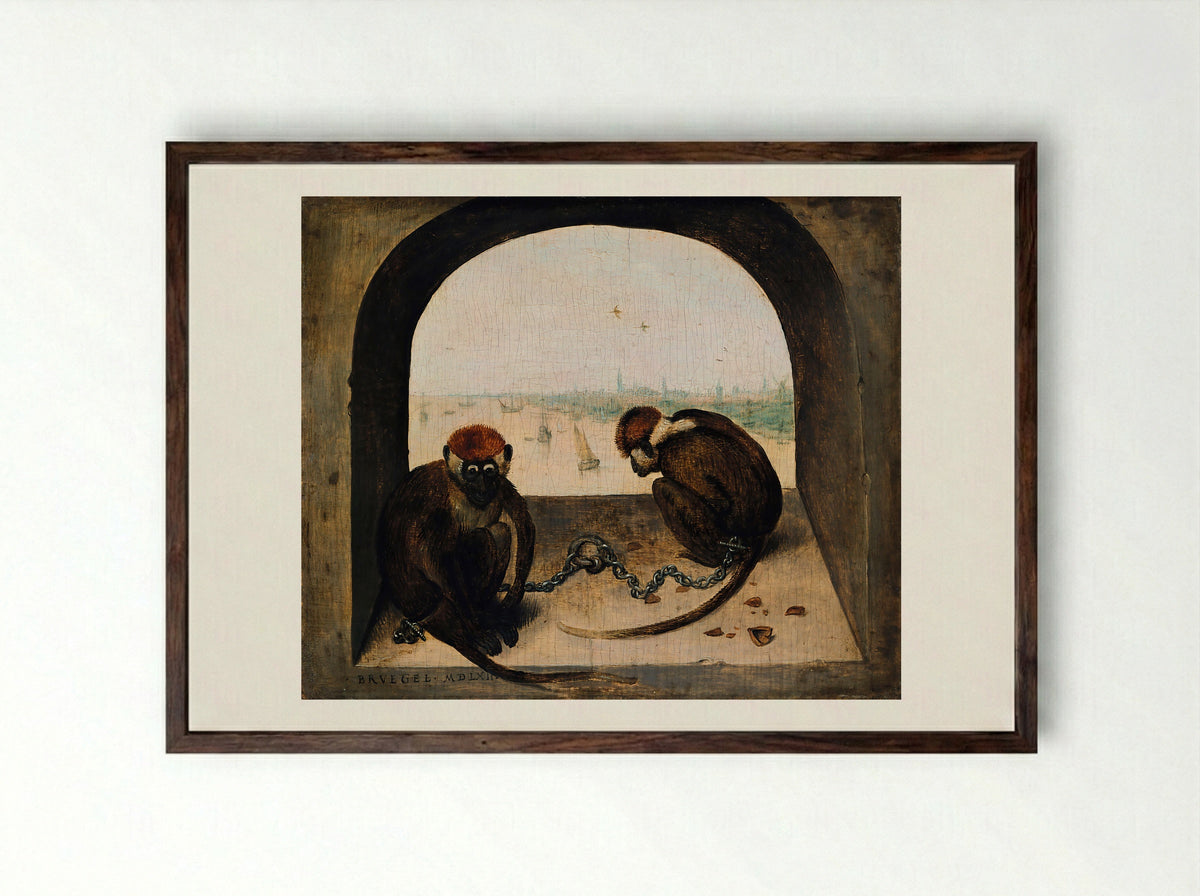 Two Chained Monkeys - Pieter Bruegel the Elder - Framed Print Dark Wood