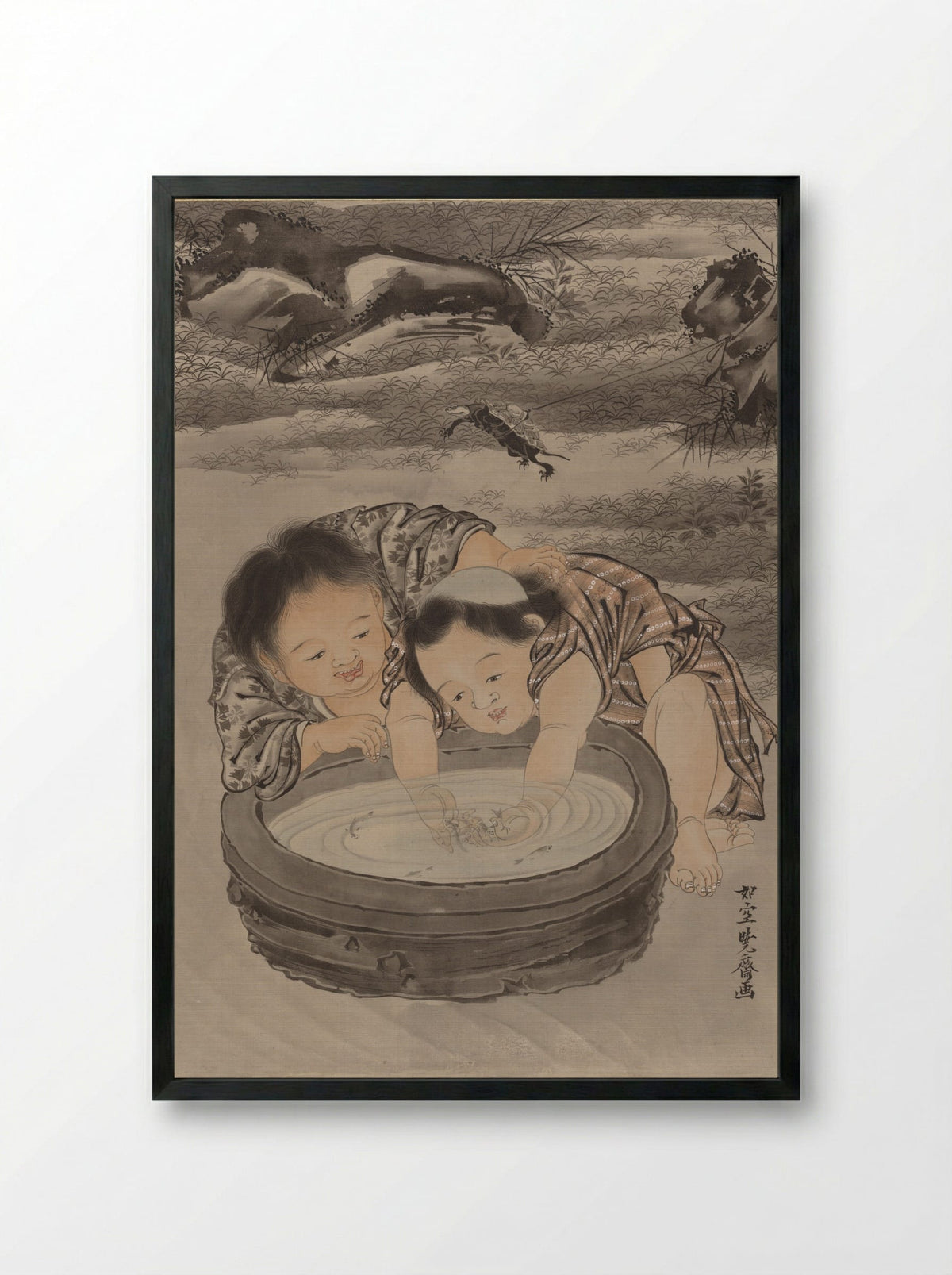 Two Children Playing with Goldfish - Kawanabe Kyōsai - Framed Print Black