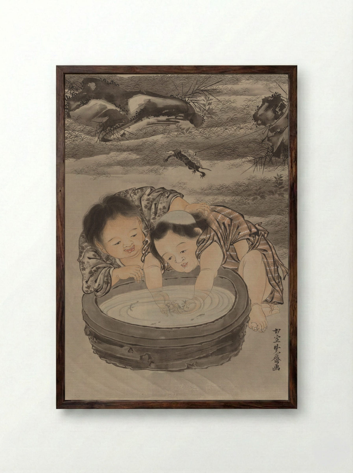 Two Children Playing with Goldfish - Kawanabe Kyōsai - Framed Print Dark Wood