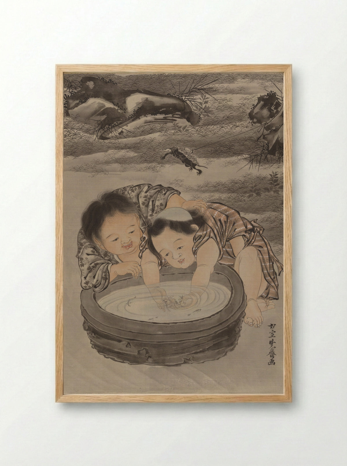 Two Children Playing with Goldfish - Kawanabe Kyōsai - Framed Print Wood
