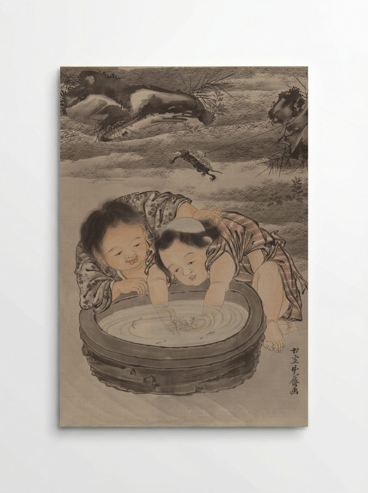 Two Children Playing with Goldfish - Kawanabe Kyōsai - Poster