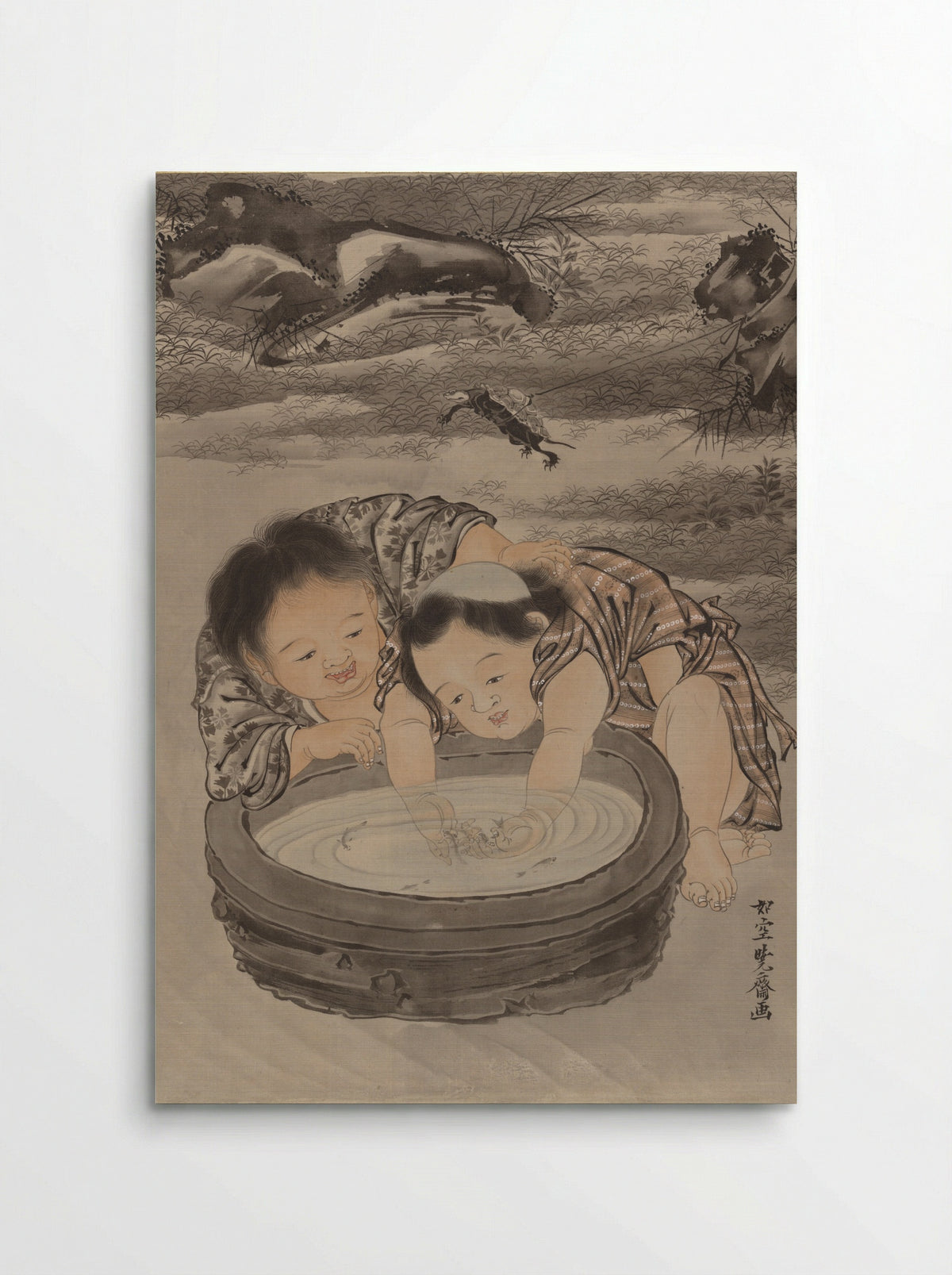 Two Children Playing with Goldfish - Kawanabe Kyōsai - Poster
