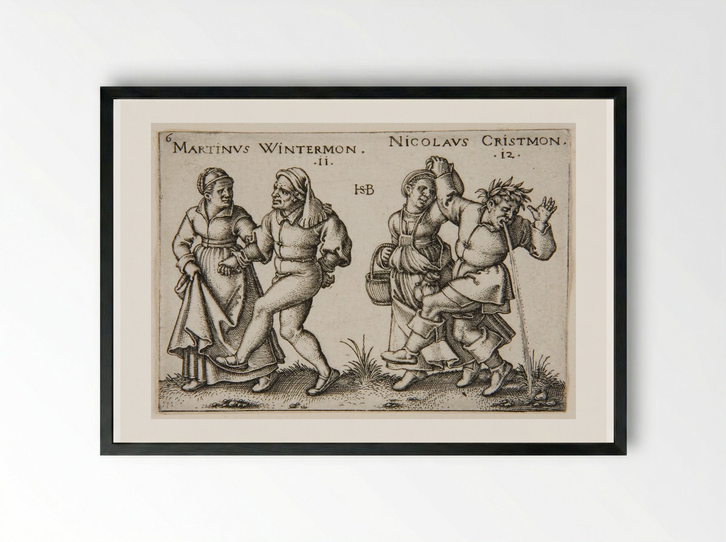 Two Couple Walking, One Man Regurgitating - Sebald Beham - Framed Print Black