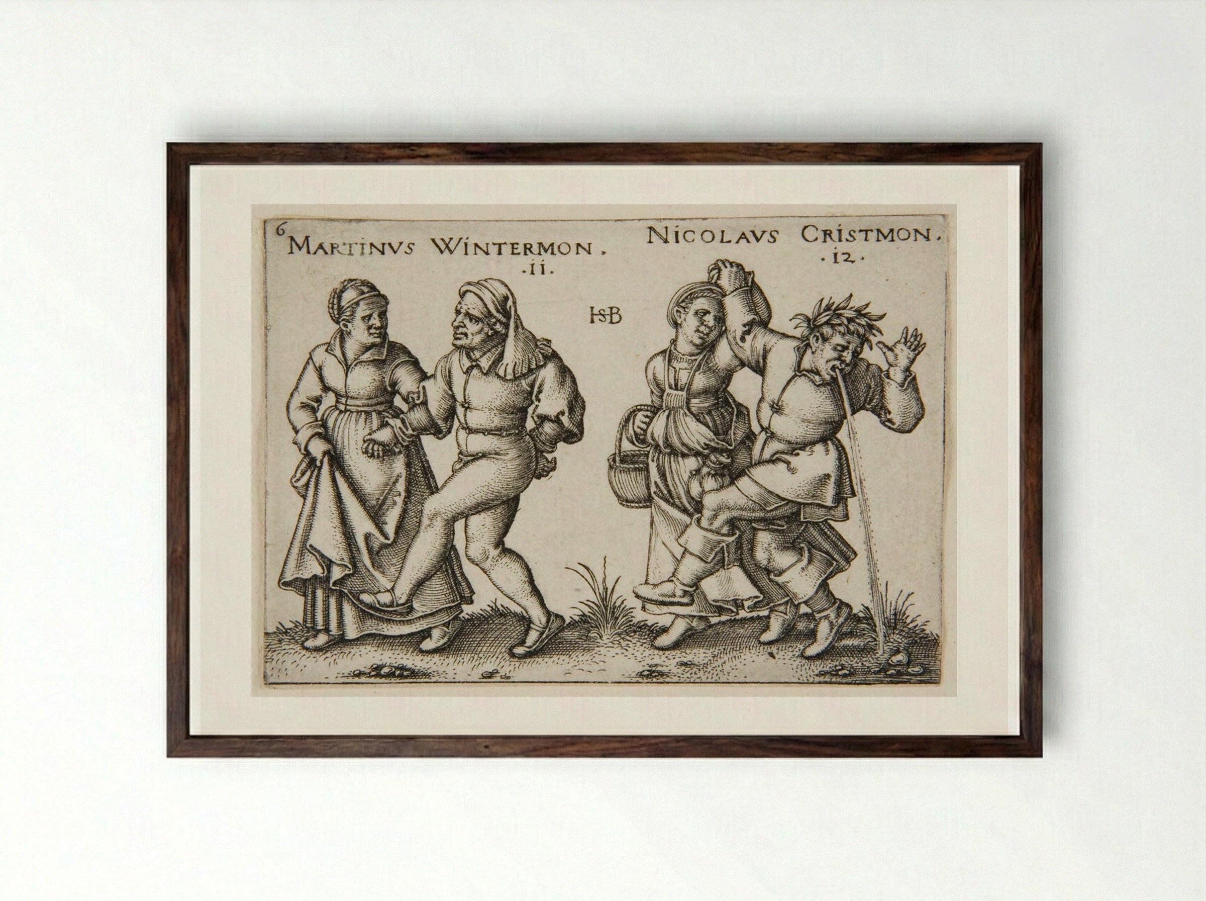 Two Couple Walking, One Man Regurgitating - Sebald Beham - Framed Print Dark Wood