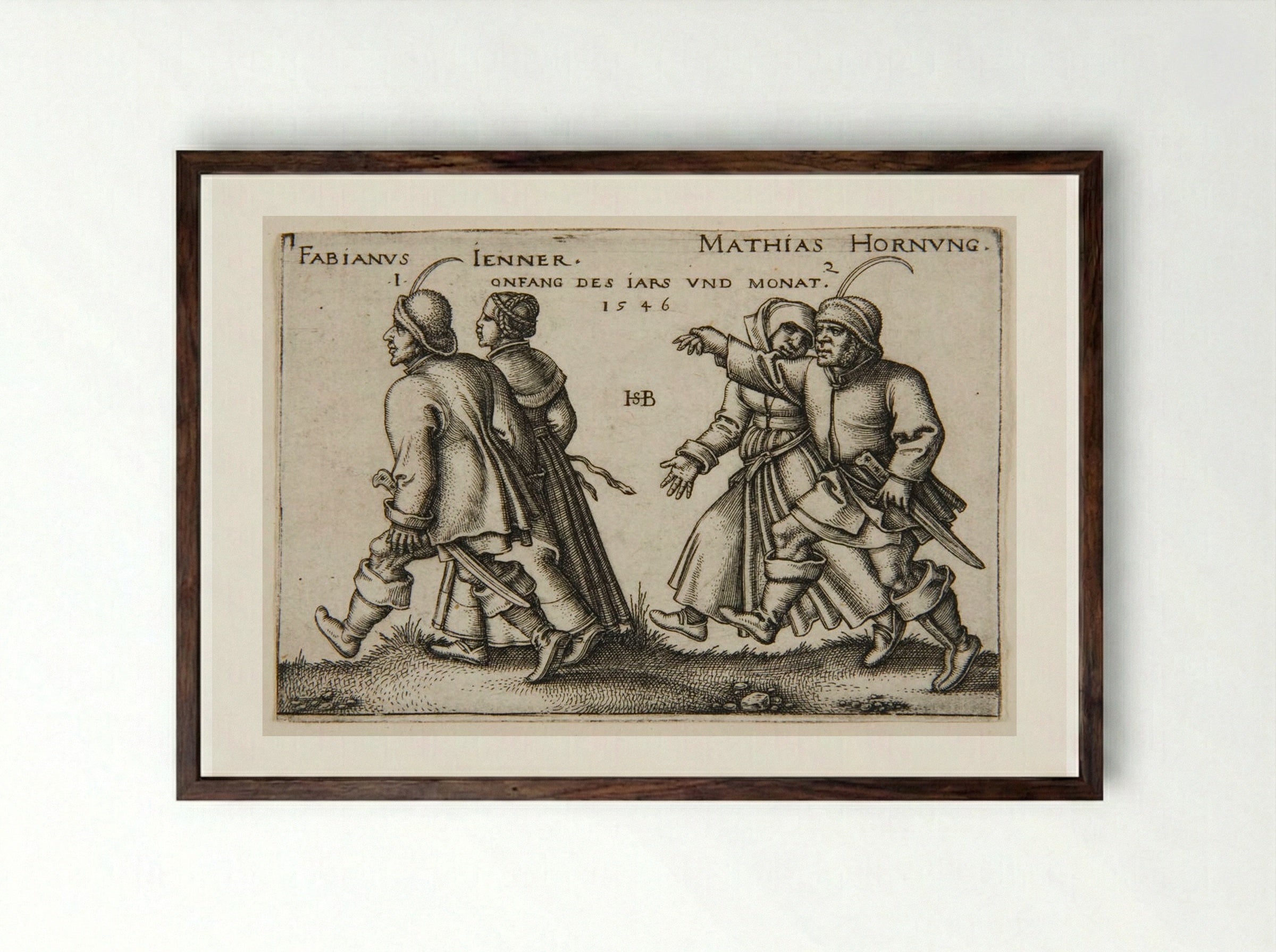 Two Couples Walking - Sebald Beham - Framed Print Dark Wood