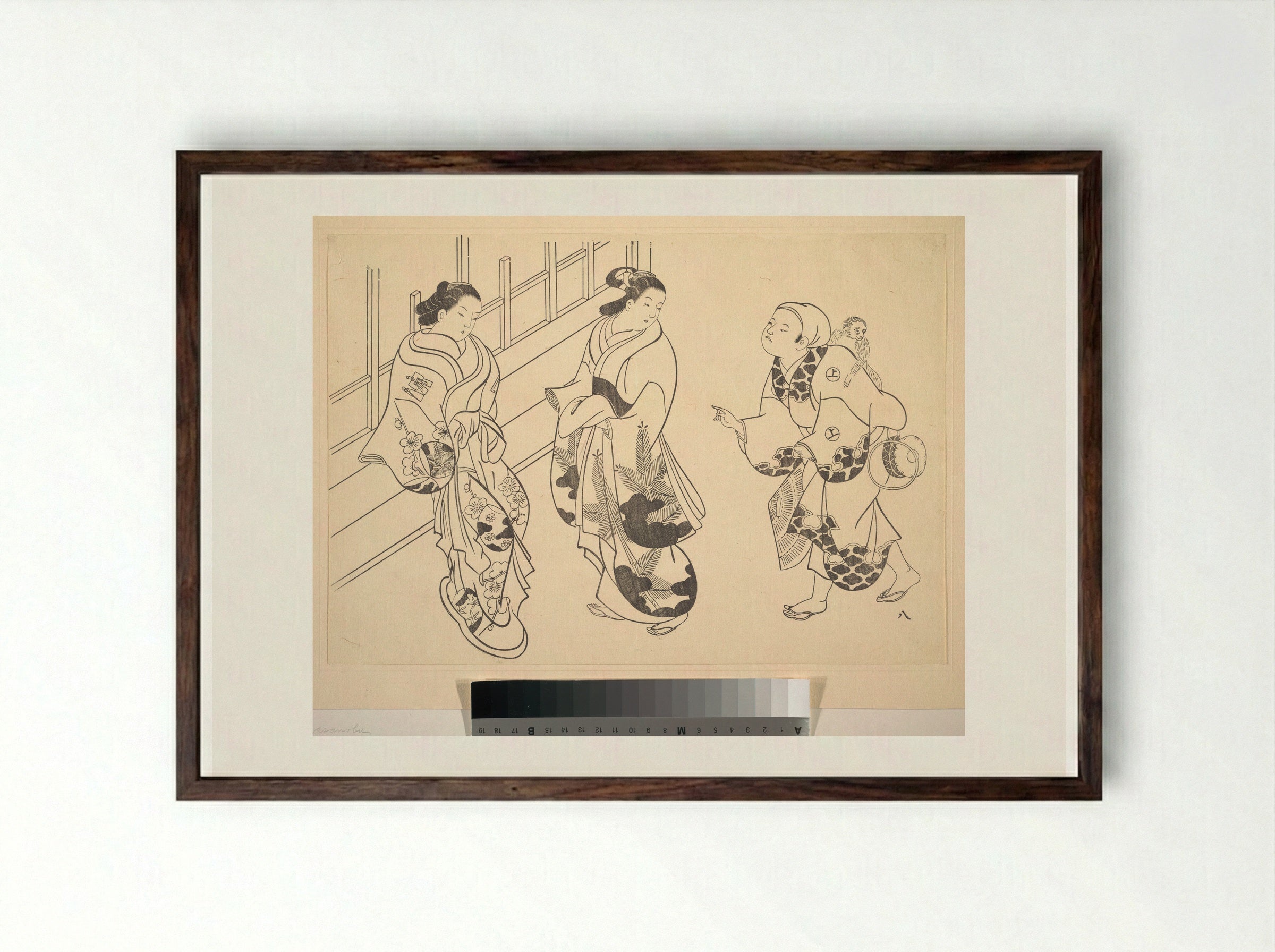 Two Courtesans and a Monkey Trainer - Okumura Masanobu - Framed Print Dark Wood
