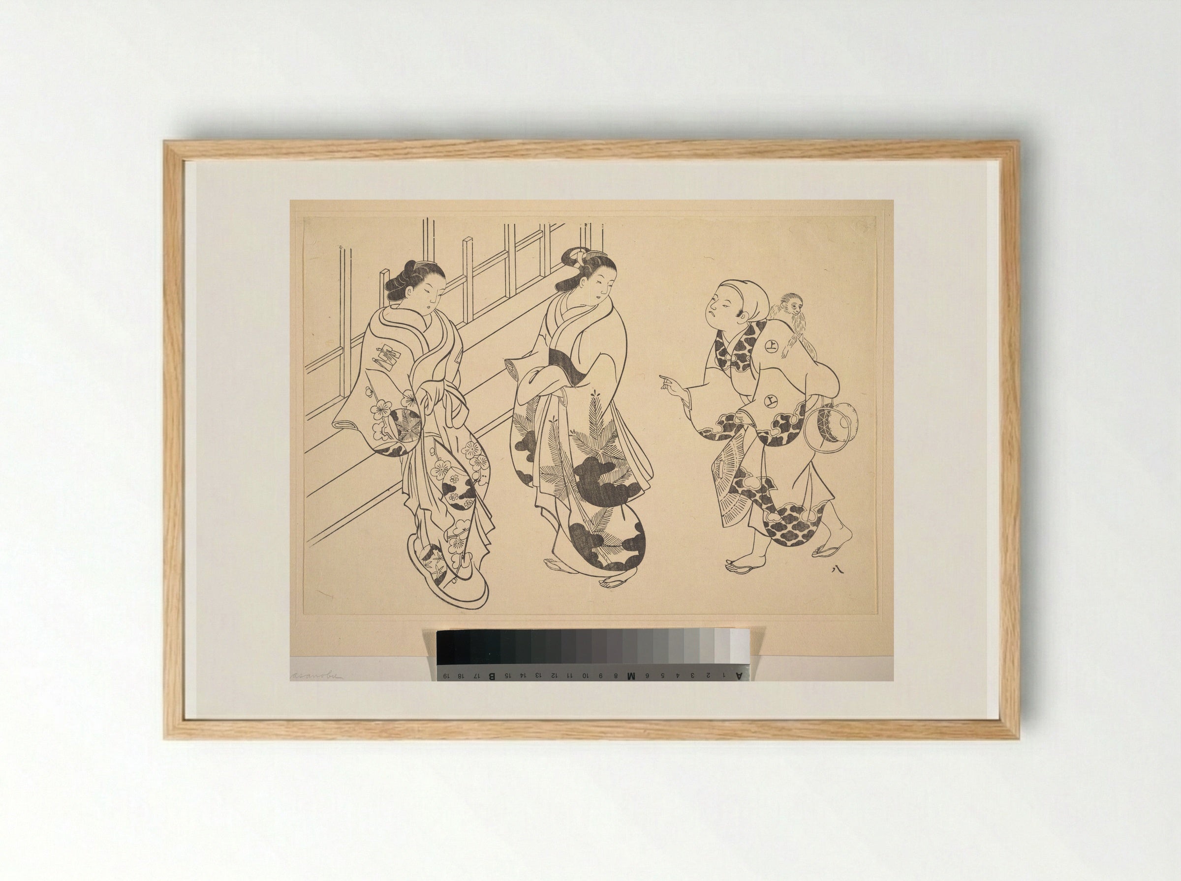 Two Courtesans and a Monkey Trainer - Okumura Masanobu - Framed Print Wood
