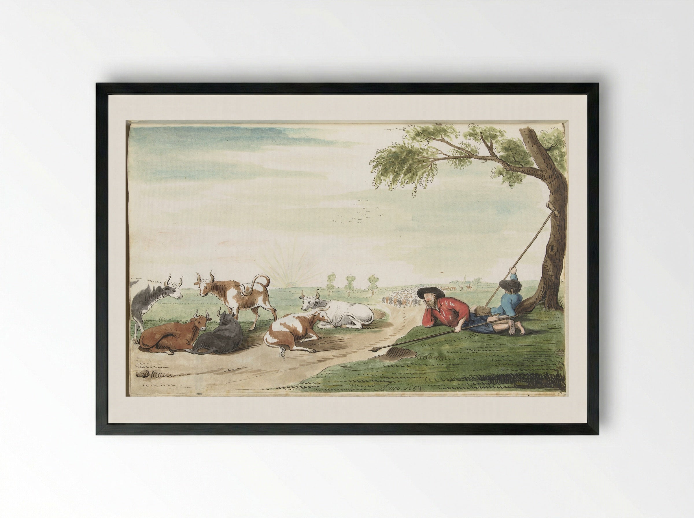 Two Cowherds at Sunrise or Sunset - Gesina ter Borch - Framed Print Black