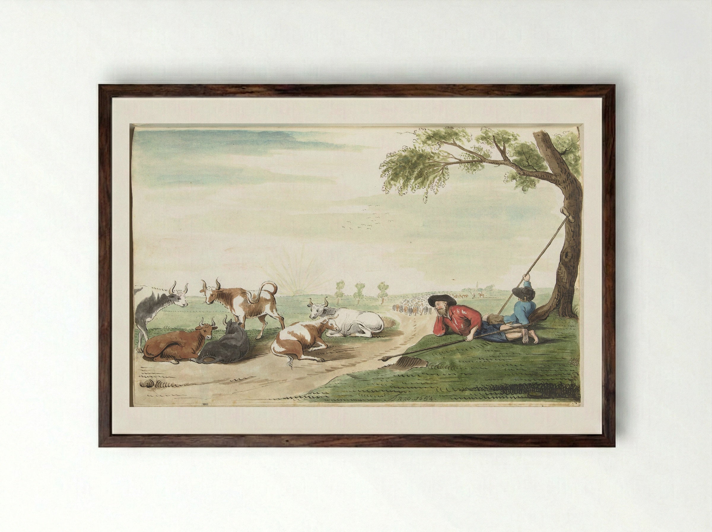 Two Cowherds at Sunrise or Sunset - Gesina ter Borch - Framed Print Dark Wood