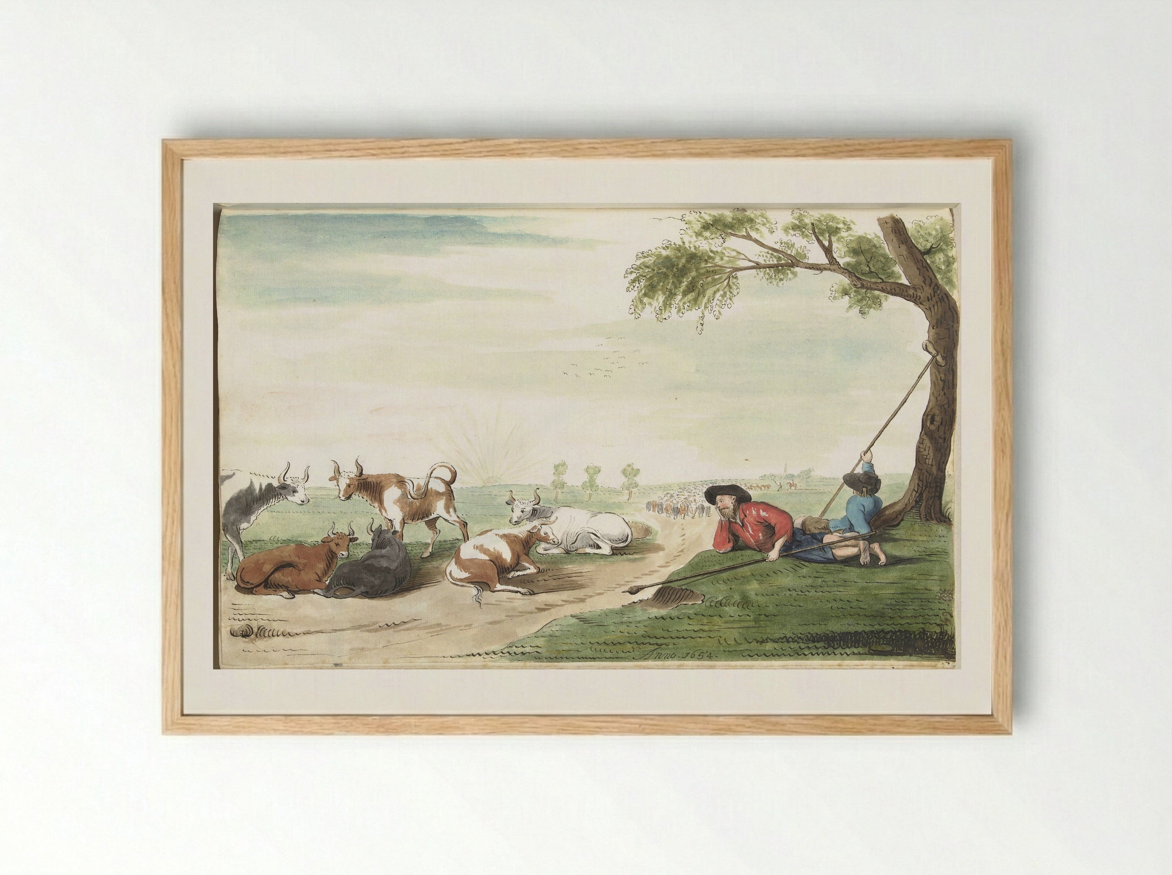 Two Cowherds at Sunrise or Sunset - Gesina ter Borch - Framed Print Wood