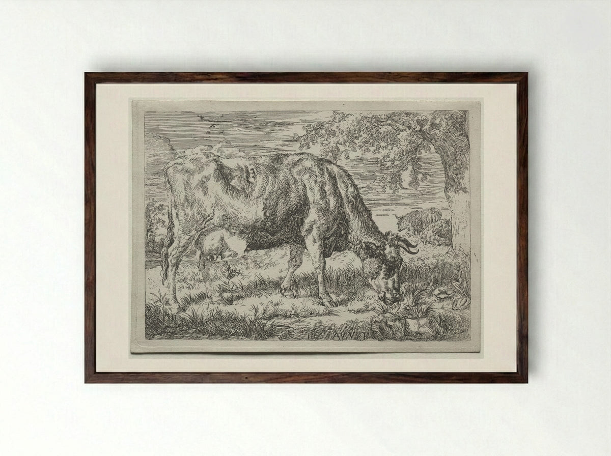 Two Cows Under a Tree - Adriaen van de Velde - Framed Print Dark Wood