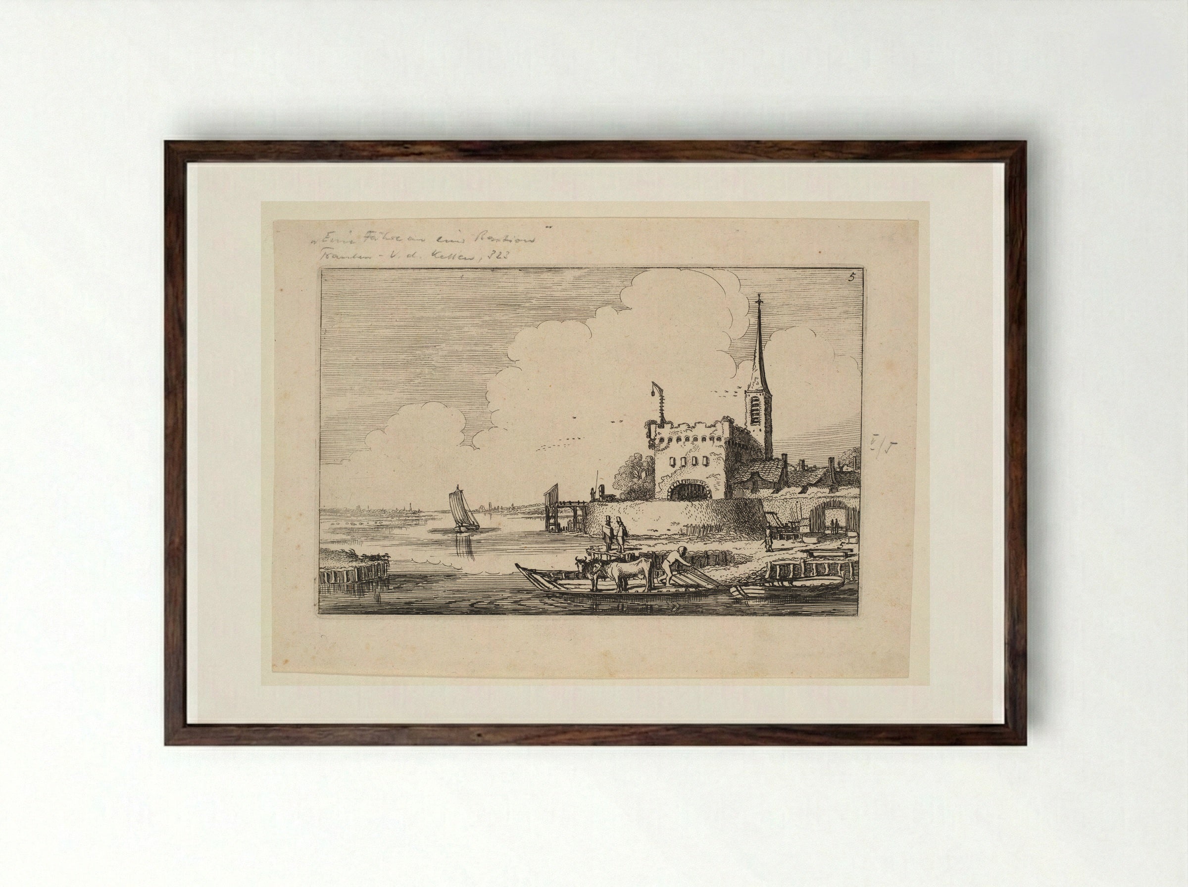 Two Cows on a Ferry near a Bastion - Jan van de Velde II - Framed Print Dark Wood
