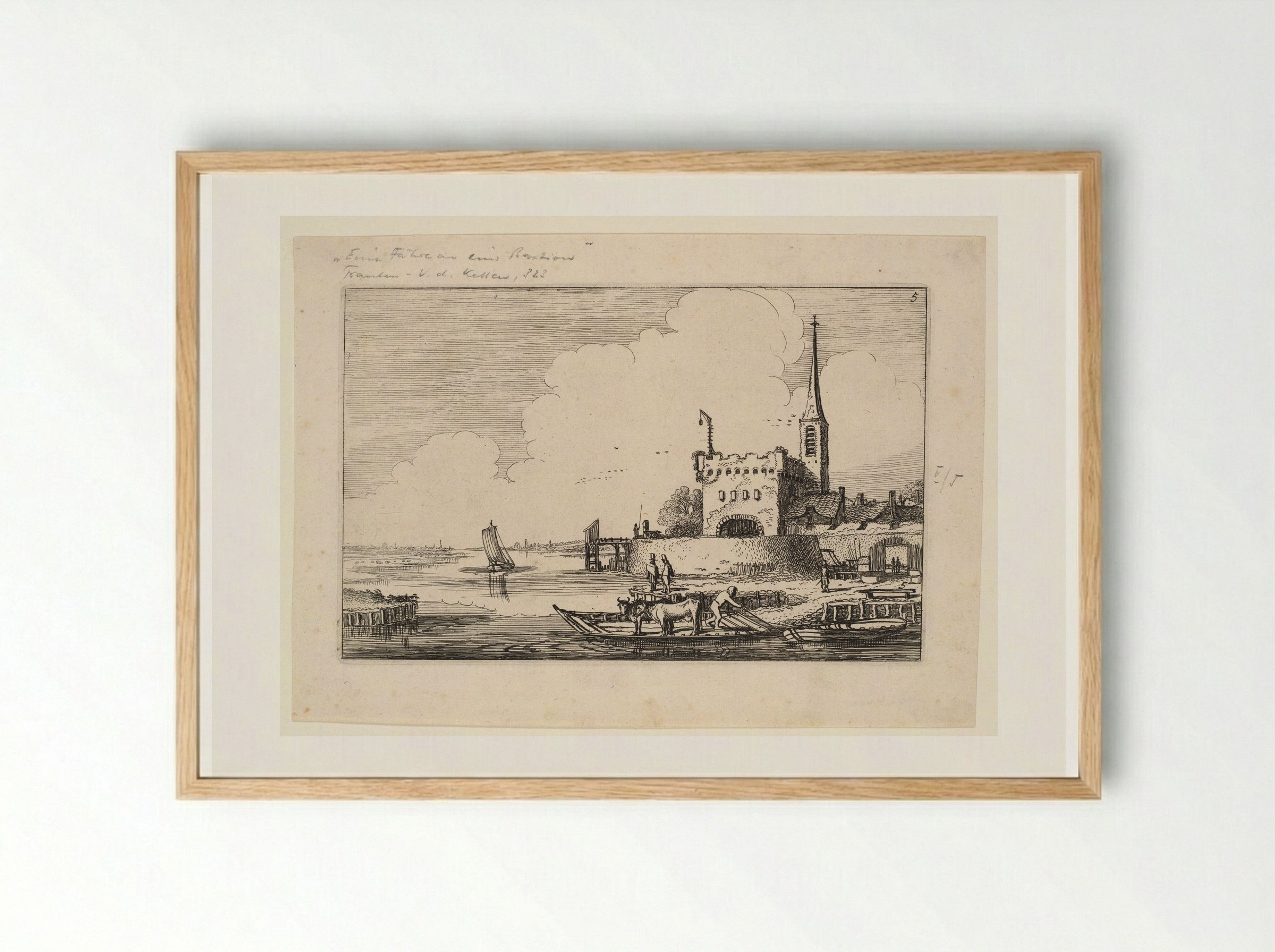 Two Cows on a Ferry near a Bastion - Jan van de Velde II - Framed Print Wood